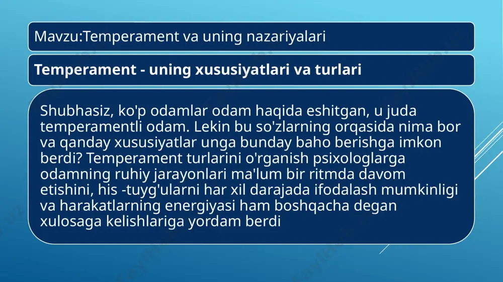 ota-onadan irsiylanadigan belgi bo‘lib, atrof-muhit va tarbiya orqali o‘zgaradi. temperament «sof holatda» kam uchraydi. masalan, flegmatikda xolerikka o‘xshash achchiqlanishni, xolerikda har xil sabablar ta’sirida nerv sistemasining chuqur tormozlanishini kuzatish mumkin. temperament yaxshi yoki yomon bolmaydi. atoqli kishilar orasida barcha tip vakillari uchraydi. xolerik  kuchli, muvozanatlashmagan (xolerik) tipdagi odamlar kuchli ta’sirchan, xulq-atvori murakkab bo'ladi. ular serharakat, urushqoq, tez o'rtoqlashadigan va urushib qoladigan, arzimas narsaga xafa boiadigan, vaqti xush bolganida o‘z- o‘zidan kuladigan, o‘zicha ashula xirgoyi qilib yuradigan bolishadi. xoleriklar – jizzaki odamlar xoleriklar — kuchli, chaqqon, jizzaki va harakatchan odamlardir. ularning o‘ziga xos xususiyati — jizzakilik va beqarorlik. xoleriklar juda faol va ishchan bo‘lishadi. biroq ular bir maromda ishlay olishmaydi, goh g‘ayrat bilan, goh imillab ishlashadi. shuning uchun ham ehtiyotkorlik, sabr-toqat va chidam talab qilinadigan vaziyatlarda xoleriklar qiyin ahvolga tushib qolishadi. xolerik shunga o'xshash temperamentli odam har xil holatlarni aniq boshdan kechiradi va ularni tezda unutadi. odatda bu asabiylashish bilan …