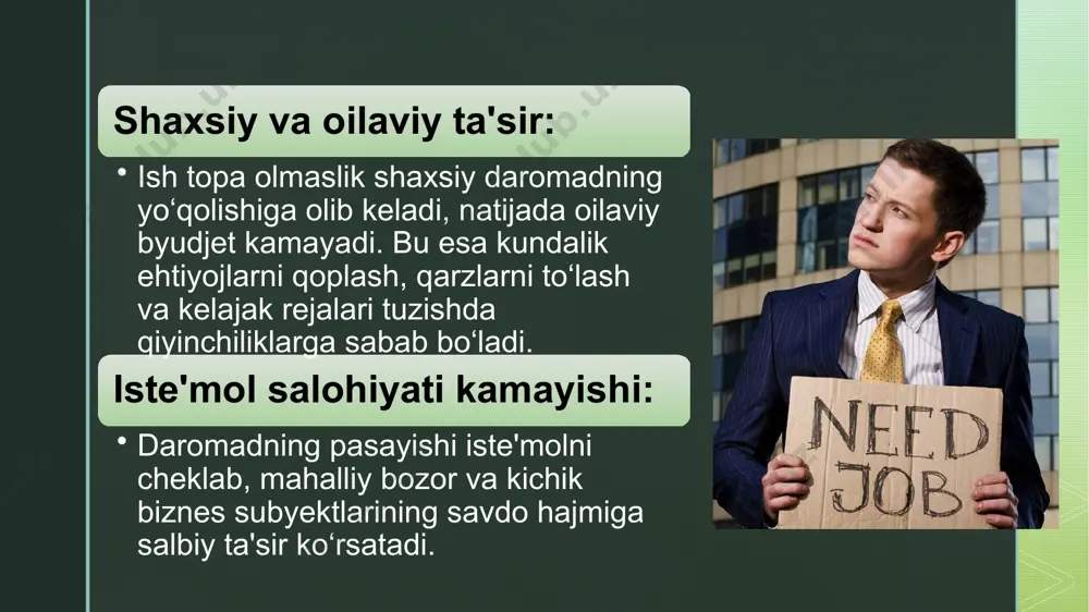 klar stressni kuchaytirib, bezovtalik va doimiy tashvishga olib keladi. depressiya va umidsizlik: doimiy ravishda ish topa olmaslik depressiv holat, umidsizlik va ruhiy tushkunlikni yuzaga keltiradi. bunday vaziyat shaxsning kundalik hayotiga, ijtimoiy va oilaviy munosabatlariga salbiy taʼsir ko‘rsatadi. psixologik bosim: ishsizlik insonda o‘zini befoyda, o‘z qadr-qimmatini past baholashga olib keladi, bu esa ruhiy va emotsional holatni yanada yomonlashtirishi mumkin. shaxsiy salbiy baholash: uzoq davom etayotgan ish qidirish jarayoni shaxsning o‘z salohiyatiga bo‘lgan ishonchini kamaytiradi. natijada, o‘zini muvaffaqiyatsiz deb hisoblash va o‘z imkoniyatlarini past baholash keng tarqaladi. motivatsiyaning susayishi: ish topishdagi muvaffaqiyatsizliklar shaxsning kelajak rejalari va orzulariga bo‘lgan ishonchini pasaytiradi, bu esa yangi imkoniyatlar izlashga bo‘lgan motivatsiyani susaytiradi. shaxsiy rivojlanishga to‘sqinlik: o‘z-o‘ziga ishonchning pasayishi shaxsiy va kasbiy o‘sish jarayoniga salbiy taʼsir ko‘rsatib, yangi ko‘nikmalarni o‘zlashtirish va rivojlanish uchun imkoniyatlarni kamaytiradi. jamiyat bilan aloqalarning susayishi: ishsizlik ko‘plab hollarda insonni ijtimoiy faoliyatdan chetlatib, jamiyat bilan aloqalarini susaytiradi. bu holat o‘zaro ishonch va qo‘llab-quvvatlash tizimini …
