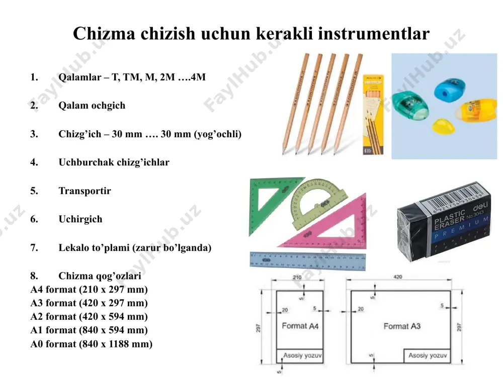 a chizilishidan qat’iy nazar, unga hamma vaqt o‘sha detalning haqiqiy o‘lchamlari qiymati qo‘yiladi. o‘lcham chiziqlari detalning konturidan unga parallel qilib 6—10 mm masofada o‘tkaziladi (2.1-rasmdagi 56, 76 ... o‘lchamlar). o‘lcham chiziqlari boshqa joy chiqarish chiziqlari bilan mumkin qadar kesishmasligi lozim. o‘lcham sonlari oicham chizig‘ining ustida mumkin qadar uning o‘rtarog‘ida yoki unga yaqinroq ko‘r- satilishi lozim. shuning uchun eng avval kichikroq o‘lcham, keyin kattaroqlari qo‘yiladi (2.1- rasmdagi 15, 33, 94 o‘lchamlar). chizmadagi vertikal o‘lcham chiziqlari listiga qo‘yilgan o‘l¬cham sonlarini o‘qish va ularni yozish qulay bo‘lishi uchun chizmani soat millari yo‘nalishida chapdan o‘ngga 90° ga burib qaraladi va yoziladi. chizmada har bir joy o‘lchami bir marta ko‘rsatiladi. detalning eng katta o‘lchamlarini: balandligi, eni va kengligini ko‘rsatuvchi o‘lchamlar gabarit o‘lchamlar deyiladi. gabarit o‘lchamlarni ko‘rsatuvchi o‘lcham chiziqlari vertikal va gorizontal chiziqlarga parallel olinadi. o‘lcham chiziqlari chiqarish chiziqlariga ko‘rsatkich (strelka) uchi bilan tegib turishi kerak. ko‘rsatkichning tuzilishi ko‘rsatilgan image1.jpeg image2.png image3.png image4.png image5.png image6.png image7.emf …