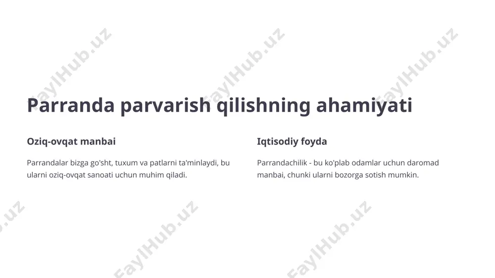 r bilan to'g'ri oziqlantirish kerak. 2 suv doimiy toza suvga ega bo'lish muhim. suvni muntazam ravishda almashtirish kerak. 3 tuxum tovuqlar tuxum qo'yadi. tuxumlarni muntazam yig'ib olish va saqlash kerak. 4 sog'liq tovuqlarning sog'lig'ini nazorat qilish va kasalliklarning oldini olish muhim. 6 o'rdaq parvarishi 1 oziq-ovqat o'rdaklarni don, o'simliklar va hasharotlar bilan to'g'ri oziqlantirish kerak. 2 suv o'rdaklarni toza suv bilan ta'minlash muhim. ular suvda suzishni yaxshi ko'radilar. 3 qafas o'rdaklar uchun qafas keng va qulay bo'lishi kerak. qafaslar muntazam ravishda tozalab turish kerak. 4 sog'liq o'rdaklarning sog'lig'ini nazorat qilish va kasalliklarning oldini olish muhim. 7 g'ozlar parvarishi oziq-ovqat g'ozlarni o't, don va o'simliklar bilan to'g'ri oziqlantirish kerak. suv g'ozlarni toza suv bilan ta'minlash muhim. ular suvda suzishni yaxshi ko'radilar. qafas g'ozlar uchun qafas keng va qulay bo'lishi kerak. qafaslar muntazam ravishda tozalab turish kerak. sog'liq g'ozlarning sog'lig'ini nazorat qilish va kasalliklarning oldini olish muhim. 8 et’iboringiz uchun rahmat! image1.png …