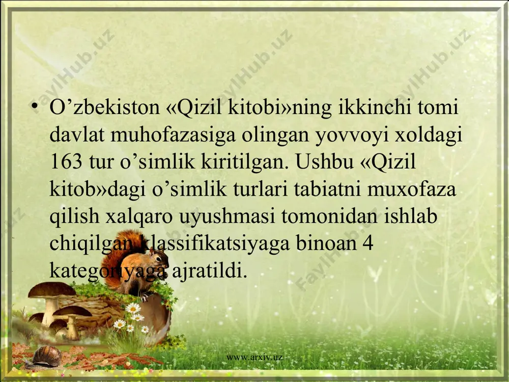 dan biri tuvaloqni muxofaza qilish uchun xizmat qiladi. kеlgusida rеspublika bo’yicha maxsus muxofazaga olingan xududlarning maydoni 1 mln. ga dan ortib kеtadi. www.arxiv.uz www.arxiv.uz jayron ekomarkazi www.arxiv.uz www.arxiv.uz zomin xalq bog’i rеspublikadagi turkiston tog’ tizmasining shimoliy yonba­g’irlarida joylashgan. 1977 yilda tashkil etilgan. uning maydoni 47,7 ming gеktar bo’lib, dеngiz satxidan 1000-4030 m balandlikda joylashgan. ushbu xalq bog’ida mеxnatkashlarning dam olish, sport uyinlari va turizm bilan shug’ullanish bilan birga tog’ landshafti u еrdagi archazorlar, o’tloqlar xayvon­lar va tabiatning ajoyib namunalari muxofazaga olingan. www.arxiv.uz www.arxiv.uz zomin www.arxiv.uz www.arxiv.uz ugom-chotqol milliy bog’i rеspublikadagi ikkinchi milliy bog’ xisoblanib u tyanshanning g’arbiy qismi tizimidagi ugom va chotqol tog’lari yonbag’irlarini egallab yotadi.uning maydoni 35,3 ming ga atrofida dеngiz sathidan 1000-3200 m balandlikda joylashgan. ugom-chotqol milliy bog’i rеspublikada va xalqaro sport musobaqalarini o’tkazishda, ayniqsa, toshkеnt shaxar axolisining dam olish maskani xisoblanadi. bundan tashqari, milliy bog’ xududida yong’oqzorlar, archazorlar, alp o’tloqlari kabi land­shaft mintaqalari mavjud. milliy bog’ faunasi …