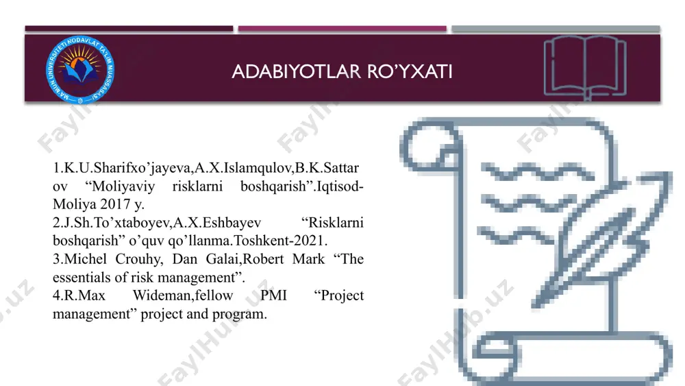 ing yetishmasligi, bozor qoidalariga rioya etmasligi bozor konyunkturasining, qonunchilik, kreditlash shart-sharoilari, soliqqa tortish, investitsiyalash o‘zgarishi risk paydo bo’lish xususiyatiga ko’ra subyektiv obyektiv tadbirkorlik faoliyati turlari bo’yicha moliyaviy risk tasnifi sof risk spekulyativ risk retrospektiv joriy istiqboldagi salbiy natija olish imkonini anglatadi. unga ekologik, siyosiy, tabiiy, transport va tijorat risklari (mulkiy, ishlab chiqarish, savdo risklari) tegishlidir ijobiy natijalar bilan birga salbiy natijalarni olish imkoniyatida namoyon bo‘ladi, ular moliyaviy risklardan iborat kichik biznes korxonalarining o‘tgan davrdagi turli risklarga bog‘liqligini ifodalaydi va joriy hamda istiqboldagi risklarni baholashga yordam beradi kichik biznes korxonalarining amaldagi faoliyati barqarorligiga ta'sir etuvchi risklar kelajakda kichik biznes korxonasi duch kelishi mumkin bo‘lgan risk riskka ta’sir qiluvchi omillar ichki omillar tashqi omillar ichki operatsional risk operatsional risk inson omili mahorat,qobiliyat ta’lim jarayon sifat riski texnologiya miqdoriy risk o’zgarish/eskirish funksionalllik customer relationship management-qoniqarli ekanligi risk samaradorligi risk omillari korxona strategiyasi resurslar va ularning ishlatilishi bevosita ta’sir qiluvchi bilvosita ta’sir qiluvchi bevosita …