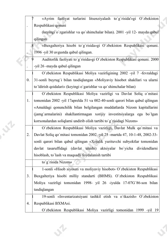 davlat ro`yxatidan o`tganligi to`g`risidagi guvohnoma 5. korxonalarni xususiylashtirish va aktsionerlash bilan bog`liq bo`lgan hujjatlar; 6. statistika, davlat soliq idoralari, nafaqa jamg`armasi, bandlik jamg`armasi, ijtimoiy sug`urta jamg`armasi idoralarida ro`yxatdan o`tganligi to`g`risida guvohnomalar 7. bank xizmati ko`rsatish to`g`risida guvohnoma 8. ta'sis hujjatlariga kiritilgan va ro`yxatga olingan o`zgarishlar 9. emissiya prospekti 10. aksiyadorlik jamiyatlari uchun aksiyadorlar reestri 11. aksiyadorlarning yillik majlisi bayonnomalaridan ko`chirma 12. aksiyadorlar, ta'sischilarning majlisi bayonnomalaridan ko`chirma 13. direktorlar kengashi majlislarining qarorlaridan ko`chirma 14. ijro direktsiyasining buyruqlari va farmoyishlari 15. ma'lum bir faoliyatni amalga oshirish uchun litsenziyalar va ruxsatnomalar 16. ta'sischilar va aksiyadorlar bilan yozishuvlar 17. ichki nizomlar 18. ustav kapitaliga ta'sischilar tomonidan o`z ulushlarini pul, natura, nomoddiy shaklda yoki qimmatli qog`ozlar ko`rinishida kiritilganini tasdiqlovchi hujjatlar (bank ko`chirmalari, kirim kassa orderlari, nizom kapitaliga ulush sifatida natura ko`rinishida taqdim etilgan mol-mulkni kirim qilish to`g`risida dalolatnomalar va boshqalar) 19. ustav kapitaliga natura va nomoddiy ko`rinishida kiritiladigan ulushlarning baholash uslubi 20. xojalik yurituvchi subyekt …