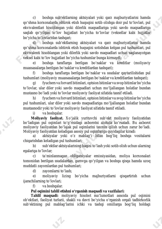отчетности.м.: финансы и статистика 2007. 367 стр asosiy ko’rsatkich hisoblanadi. operatsiya faoliyatidan keladigan oldingi pul oqimining ayrim qismlari to’g’risidagi axborotdan operatsiya faoliyatidan bo’lajak pul oqimlarini prognoz qilish uchun axborotning boshqa turlaridan qo’shib foydalanish mumkin bo’ladi. operatsiya faoliyatidan pul oqimi xo’jalik yurituvchi sub’ektning asosiy faoliyatidan kelib chiqadi. odatda xo’jalik yurituvchi sub’ektning asosiy faoliyati mahsulotni sotishga, ishlarni bajarishga yoki xizmat ko’rsatishga qaratilgan bo’ladi. operatsiya faoliyatidan asosiy pul oqimiga quyidagilar kiradi2: a) tovarlarni sotish va xizmat ko’rsatishdan tushgan pul; b) royalti, badallar, vositachilik haqi va o’zga yo’llar bilan pul mablag’lari tushumi; c) tovarlar va xizmatlar uchun ularni etkazib beruvchilarga pul to’lovlari; d) xodimlarga va xodimlar nomidan to’lovlar; e) sug’urta kompaniyasining sug’urta polislari bo’yicha mukofotlari, talablari, yillik va o’zga to’lovlari bo’yicha pul tushumlari va to’lovlari; f) soliqlar bo’yicha pul to’lovlari yoki uning o’rnini bosuvchi to’lovlar, agar ular investitsiya va moliya faoliyatiga taalluqli bo’lmasa; g) savdo yoki dilerlik maqsadlarida tuzilgan bitimlar bo’yicha pul tushumlari va …