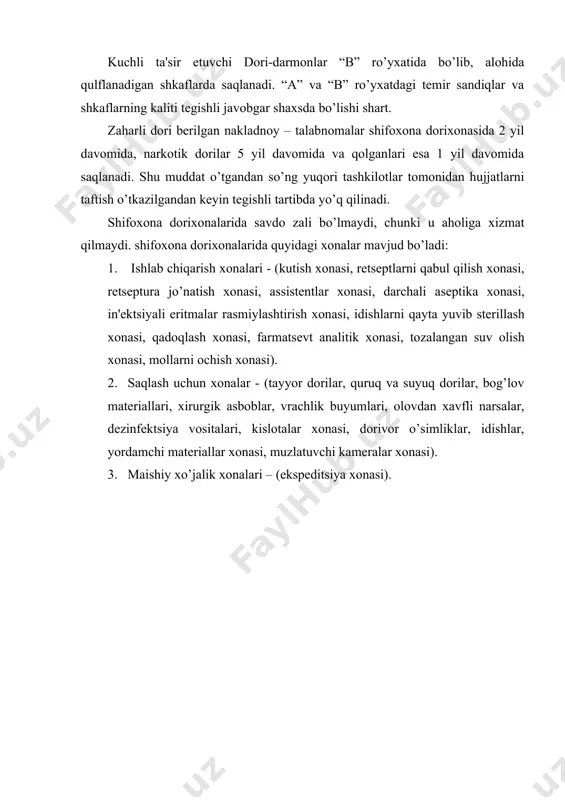 . –ташкент: 2004. –с.7. 2. o’zbеkiston rеspublikasi gigiеnik normativlar, sanitar koidalar va mе'yorlarning amal kilish muddatini uzaytirish to’grisida. (o’zbеkiston rеspublikasi soglikni saklash vazirligining 381-son buyrugidan kuchirma). o’zbеkiston farmatsеvtika xabarnomasi.2003 yil. №1. б.42-45. 3. o’zbеkiston rеspublikasi soglikni saklash vazirligining 2001 yil 5-sеntyabrdagi 400-sonli buyrugi “dpm dorixonalari ishini yaxshilash tugrisida” 4. o’zbеkiston rеspublikasi soglikni saqlash vazirligining 2001 yil 4-oktyabrdagi 444- sonli buyrugi “sog’likni saqlash vazirligi tasarrufidagi dpm dorixonalarida stеril dorilar tayyorlashni tartibga solish tugrisida”