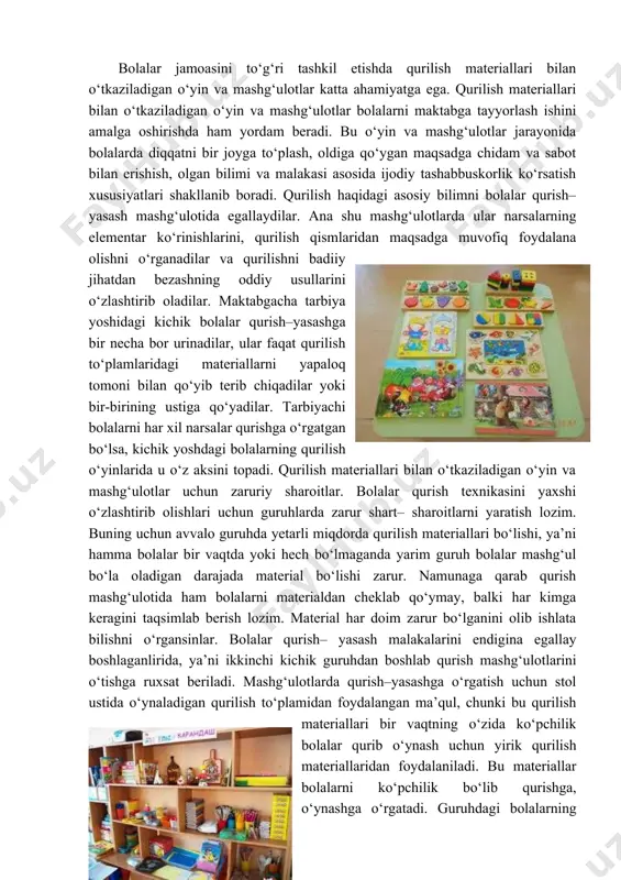un guruhlarda zarur shart– sharoitlarni yaratish lozim. buning uchun avvalo guruhda yetarli miqdorda qurilish materiallari bo‘lishi, ya’ni hamma bolalar bir vaqtda yoki hech bo‘lmaganda yarim guruh bolalar mashg‘ul bo‘la oladigan darajada material bo‘lishi zarur. namunaga qarab qurish mashg‘ulotida ham bolalarni materialdan cheklab qo‘ymay, balki har kimga keragini taqsimlab berish lozim. material har doim zarur bo‘lganini olib ishlata bilishni o‘rgansinlar. bolalar qurish– yasash malakalarini endigina egallay boshlaganlirida, ya’ni ikkinchi kichik guruhdan boshlab qurish mashg‘ulotlarini o‘tishga ruxsat beriladi. mashg‘ulotlarda qurish–yasashga o‘rgatish uchun stol ustida o‘ynaladigan qurilish to‘plamidan foydalangan ma’qul, chunki bu qurilish materiallari bir vaqtning o‘zida ko‘pchilik bolalar qurib o‘ynash uchun yirik qurilish materiallaridan foydalaniladi. bu materiallar bolalarni ko‘pchilik bo‘lib qurishga, o‘ynashga o‘rgatadi. guruhdagi bolalarning hammasi qurish usullarini yaxshi o‘zlashtirib olishlari uchun mashg‘ulot vaqtida stollarni har xil joylashtirish mumkin. qurilishni yakka– yakka bajarayotganda stollarni odatdagi tartibda yoki p harfi shaklida terib qo‘yish mumkin, agar bolalar bir qurilishni guruh bo‘lib bajarsalar, 2-3 stolni …