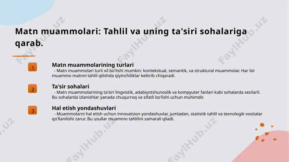 hal qilish mumkin. kompyuter tahlili zamonaviy kompyuter tahlili usullari, masalan, matnni avtomatik ravishda tahlil qilish va ma'lumotlar to'plash, matn muammolarini hal etishda qo'l keladi. bu jarayonni tezlashtiradi. kvalitativ va kvantitativ kvalitativ va kvantitativ tadqiqot metodlarining kombinatsiyasi matn muammolarini chuqurroq tushunishga yordam beradi. har ikkala usulning birgalikda qo'llanilishi natijalarni kuchaytiradi. taqqoslash metodlari taqqoslash metodlari yordamida turli matnlarni bir-biriga solishtirish orqali muammolarni aniqlash va ularni hal qilish uchun yangi yondashuvlar kashf etish mumkin. bu innovatsion fikrlar rivojlanishiga olib keladi. muammolarni tahlil qilishda statistika va ma'lumotlar asoslari. statistika ahamiyati statistika, matn muammolarini tahlil qilishda asosiy vosita bo‘lib, ma’lumotlarni to‘plash va ularni tahlil qilish jarayonida muhim rol o‘ynaydi. ma'lumotlar turlari matn tahlilida foydalaniladigan ma'lumotlar sifatida sifatli va miqdoriy ma'lumotlar ajratiladi, bu esa tadqiqotning samaradorligini oshiradi. tahlil metodlari statistika yordamida matn tahlilida turli metodlar, masalan, regressiya va klasterlash usullari, muammolarni aniqlashda qo‘llaniladi. natijalar va xulosalar statistika asosida olingan natijalar, matn muammolarining sifatini baholash va ilmiy …