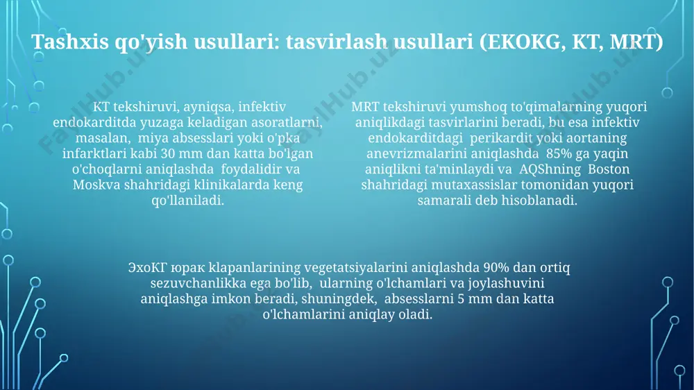 tomir emboliyasi (masalan, o'pka emboliyasi) kabi xavfli holatlar qo'shma shtatlarda yiliga 100000 kishidan 2-8 kishini tashkil qiladi. adabiyotlar 2023-yilgi jahon sog'liqni saqlash tashkiloti ma'lumotlariga ko'ra, o'zbekistonda infektiv endokardit bilan kasallanish darajasi yiliga 5000 dan ortiq holatni tashkil etadi. amerika qo'shma shtatlaridagi tadqiqotlar shuni ko'rsatdiki, streptokokklar infektiv endokarditning 25% dan ortiq hollari sababchisi hisoblanadi. evropa mamlakatlarida o'tkazilgan 10 yillik kuzatuvlar natijalariga ko'ra, protez yurak klapanlari bilan bog'liq infektiv endokardit xavfi 10 barobar yuqori ekanligini aniqladi. endokardning shikastlanishi endokardning shikastlanishiga olib keladigan bakteriyalar soni 50 dan ortiq bo'lib, ular orasida enterokokklar va streptokokklar keng tarqalgan va dunyoning turli burchaklarida, jumladan, samarqand viloyatida ham kuzatiladi. yurakning chap qorinchasining endokardining shikastlanishi, yuqumli endokarditning 60% dan ortiq hollarda kuzatiladi va bu holat tez-tez aortal qopqog'ining disfunktsiyasiga olib keladi, masalan, toshkent shahridagi kardiologiya markazida kuzatilgan ma'lumotlarga ko'ra. endokardning shikastlanishi ko'pincha 10-70 yosh oralig'idagi bemorlarda uchraydi va staphylococcus aureus bakteriyalarining 25% dan ortiq infeksiyalariga sabab bo'ladi, ayniqsa, …