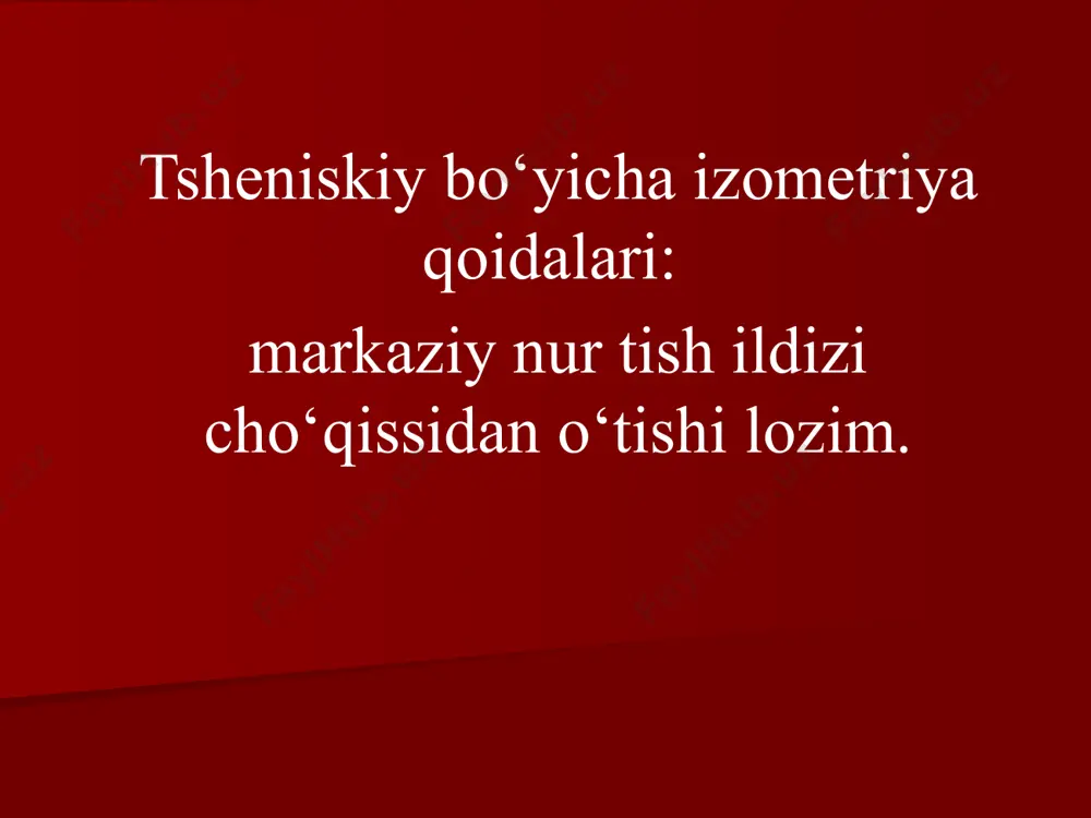 ir qismi hajmining kamayishi (masalan, alveolalararo to‘siq balandligining pasayishi). suyak qayta qurilishi jarayoni: osteoskleroz; gipertrofiya; periostoz. оsteoskleroz – suyak trabekulalari qalinlashishi va ularning hajm birligida ortishi bilan kechadi. g‘ovak modda kompakt moddaga o‘xshab qoladi. perinatal soyalanishlar quyidagicha bo‘ladi: chiziqli; qavatli; baxmalsimon; spikulisimon; savatcha ko‘rinishida. gipertrofiya – suyak hamma qismi yoki ma‘lum bir qismi hajmining ortishi. parastozlar – suyak atrofidagi yumshoq to‘qimalar qattiqlashib qolishi. tish-jag‘ apparati shakllanishining davrlari: i davr- (0 dan 5-6 yoshgacha) har bir jag‘da 18 ta follikula joylashadi; ii davr- (6 yoshdan 12 yoshgacha) tish va murtaklar 3 qator bo‘lib joylashadi; iii davr- (12 13 yoshdan boshlab) tish qatorlarida doimiy tishlar joylashadi. 42 tish follikulasi suyak to‘qimasdan yorib chiqib kortikal plastinkaga o‘ralgan holatda dumaloq shaklda aniqlanadi sut tishlarining o‘lchamlari kichikroq o‘lchamda bo‘lib, keng ildiz kanali va tish bo‘shlig‘iga ega. molyarlar ildizlari bir-biridan katta burchak ostida uzoqlashgan holatda joylashadi. emal rentgenogrammada chiziqsimon shaklda ko‘rinadi, dentin-sement chegarasi differensiyalanmaydi tish ildizi …