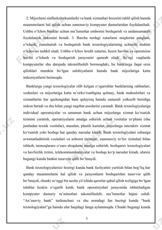 idan taqdim etiladigan pin- koddan foydalaniladi. ushbu xizmatdan foydalanish uchun mijoz bankda hisob raqamiga, debet yoki kredit kartaga ega bo‘lishi kerak. pulni dunyoning istalgan nuqtasidan olish mumkin. mobile banking. mobil bank – bu mijozlar uchun taqdim etilayotgan bank sohasida qo‘llaniladigan eng yangi texnologiyalar. mijozda aqlli telefon, planshet yoki shaxsiy raqamli qurilma bo‘lishi kerak. windows, android, ios va boshqa uyali telefonlarning operatsion dasturlariga mos keladigan dastur ishlab chiqilgan. mobil dastur to‘g‘ridan-to‘g‘ri mobil qurilmaga yuklab olinadi. mijoz mobil internet yoki wi-fi tarmog‘ida faol internet aloqasiga ega bo‘lishi kerak, shunda mobil bank xizmatidan foydalanish mumkin. internet banking. mijoz internet orqali o‘z bank hisob raqami bo‘yicha hisob balansi so‘roviga kirish, to‘lovlarni amalga oshirish, pul o‘tkazmalari, xalqaro pul to‘lovlari, doimiy tartib va to‘g‘ridan-to‘g‘ri debet to‘lovlarini yaratish va yangilash hamda so‘nggi operatsiyalarni tekshirish imkoniyatiga ega bo‘ladilar. mijoz vebsaytga shaxsiy kompyuter yoki noutbuk orqali kiradi va hisob ma’lumotlariga dunyoning istalgan nuqtasidan kirish mumkin. internetda quyidagi xizmatlardan foydalanish …