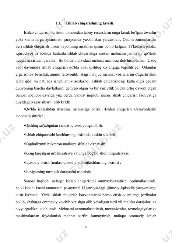 bo'lgan tovarlarni yaratish uchun tabiat resurslarini o'zgartirishga qaratilgan ijodiy mehnat faoliyati. ishlab chiqarish turlari - bu xo'jalik yurituvchi sub'ektning ishlab chiqarish faoliyatining tashkiliy, texnik va iqtisodiy xususiyatlarini, uning nomenklaturasiga, ixtisoslashishiga va kutilayotgan mahsulot hajmiga qarab tavsiflovchi xususiyatlar to'plamidir. ishlab chiqarilgan mahsulot hajmiga qarab parametrlar bo'yicha ishlab chiqarish tasnifi quyidagi turlarga bo'linadi : •qurilishda eng ko'p ishlatiladigan dizayn turini ishlab chiqarish. bu resurslar va jihozlarni bir joyda - loyiha amalga oshiriladigan joyga jamlashni o'z ichiga oladi. •buyurtmaga buyurtma berish, bu bitta mijozning ehtiyojlarini qondirishda amalga oshiriladi, ya'ni ishlab chiqaruvchi xaridorning talablariga moslashadi. masalan, ushbu turdagi ishlab chiqarish og'ir sanoat uchun xosdir - murakkab texnik parametrlarga ega mashinalar uchun turbinalar yoki dvigatellar ishlab chiqarish. •to'pni chiqarish takrorlanadigan so'rovlar va katta buyurtma miqdori bo'lgan mahsulotlar ishlab chiqarish uchun javob beradi. ishlab chiqarish jarayoni alohida operatsiyalarga bo'linadi, ularning har biri keyingi bosqichlarda ishlatiladigan ob'ektlarni yaratishga imkon beradi. mahsulot hajmi bir ishlab chiqarish bosqichidan ikkinchisiga …