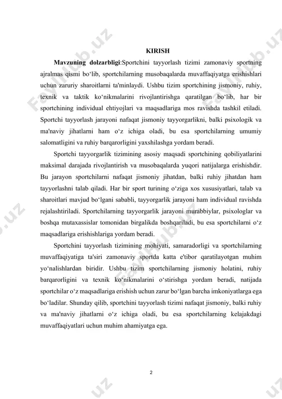 lash tizimi nafaqat jismoniy, balki ruhiy va ma'naviy jihatlarni o‘z ichiga oladi, bu esa sportchilarning kelajakdagi muvaffaqiyatlari uchun muhim ahamiyatga ega. kurs ishining maqsadi: sportchini tayyorlash tizimining maqsadi sportchilarni musobaqalarda muvaffaqiyatga erishishlari uchun zarur bo‘lgan barcha ko‘nikmalar bilan ta'minlashdir. ushbu tizim sportchilarning jismoniy, ruhiy, texnik va taktik ko‘nikmalarini rivojlantirishga qaratilgan bo‘lib, ularning umumiy salomatligini va sport faoliyatidagi samaradorligini oshirishni maqsad qiladi. kurs ishining vazifasi: jismoniy tayyorgarlikni oshirish orqali sportchilar o‘z kuch, chidamlilik, tezlik, moslashuvchanlik va muvozanat kabi jismoniy sifatlarini rivojlantiradilar. bu jarayon musobaqalarda yuqori ko‘rsatkichlarga erishish uchun zarur bo‘lgan jismoniy tayyorgarlikni ta'minlaydi. kurs ishining tarkibiy tuzilmasi:ushbu kurs ishi kirish,asosiy qism xulosa va foydalanilgan adabiyotlardan iborat. ii.asosiy qism 1.sportchini tayyorlash tizimi va uning asosiy komponentlari. sportchini tayyorlash tizimi zamonaviy sportda muhim ahamiyatga ega bo‘lib, bu jarayon sportchilarni musobaqalarda muvaffaqiyatga erishish uchun zarur bo‘lgan barcha ko‘nikmalar bilan ta'minlashga qaratilgan. sportchi tayyorlash tizimi jismoniy, texnik, taktik, psixologik tayyorgarlik va sog‘lom turmush tarzini o‘z …