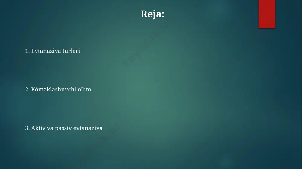 adi. passiv evtanaziya passiv evtanaziya jarayonida, bemorga hayotini uzaytiradigan tibbiy muolajalar, masalan, sun'iy nafas olish apparati yoki antibiotiklar, qo'llanmaydi, bu esa tabiiy o'lim jarayonini tezlashtirishi mumkin; shu sababli, bu amaliyot 50 ta mamlakatda qonuniylashtirilmagan. passiv evtanaziya, bemorning tibbiy yordamdan voz kechish huquqiga asoslanadi, bu esa o'limga olib kelishi mumkin; masalan, 2020-yilda niderlandiya kabi davlatlarda bunday holatlarning 20% gacha kuzatilgan. passiv evtanaziya, faol evtanaziyadan farqli o'laroq, to'g'ridan-to'g'ri o'limga olib keladigan harakatlarni o'z ichiga olmaydi; aqshning ba'zi shtatlarida esa, passiv evtanaziya qonuniy bo'lsa-da, 30 yoshdan kichik bemorlar uchun cheklovlar mavjud. o'limga olib keladigan dori vositalarini buyurish buyurilgan dori-darmonlarning 90% dan ortig'i barbituratlar guruhidan bo'lib, bemorga kuchli sedativ ta'sir ko'rsatib, nafas olishni to'xtatadi va shu tariqa o'limga olib keladi. shveytsariya bu amaliyotga nisbatan ancha liberal yondashadi. amerika qo'shma shtatlarining ba'zi shtatlarida, masalan, oregon va kaliforniyada, shifokorlar tomonidan yordam berilgan o'lim, ya'ni o'limga olib keladigan dori-darmonlarni buyurish, qonuniy hisoblanadi, ammo qat'iy qonunchilik cheklovlari mavjud. …