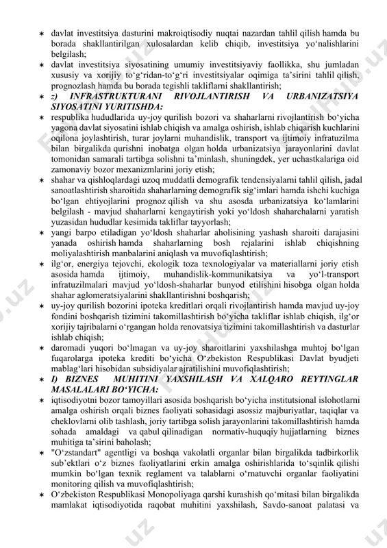 millashtirish orqali resurslardan foydalanish imkoniyatini kengaytirish va uni samarali boshqarish tizimini yo‘lga qo‘yish; · d) sanoatning ustuvor tarmoqlarini rivojlantirish - yagona industrial siyosatni yuritish borasida: · milliy iqtisodiyotning raqobatbardoshligini oshirish va diversifikatsiya qilish, shuningdek, hududlar va tarmoqlarni rivojlantirish uyg‘unligini ta’minlash maqsadida ishlab chiqarish kuchlarini samarali joylashtirish, hududlarning mavjud tabiiy va iqtisodiy resurslaridan unumli foydalanish asosida mamlakat sanoatini rivojlantirishning strategiya va modellarini ishlab chiqish; · o‘zbekiston respublikasi energetika vazirligi hamda investitsiyalar va tashqi savdo vazirligi bilan birgalikda iqtisodiyotning barcha tarmoqlari va aholini yoqilg‘i-energetika resurslari bilan bozor mexanizmlari asosida uzluksiz ta’minlashga qaratilgan strategiya va chora-tadbirlarni amalga oshirish; · asosiy sanoat tarmoqlari va yirik korxonalarni isloh qilish bo‘yicha strategiya va dasturlarni ishlab chiqishda ishtirok etish; · sanoat tarmoqlarining rivojlanish darajasini monitoring qilib borishda xalqaro tajribada keng qo‘llaniladigan asosiy indikatorlarni aniqlash, "yashil iqtisodiyot" hamda energiyasamaradorlikning asosiy prinsiplari va usullarini amaliyotga joriy etish va monitoring qilish uslubiyatini ishlab chiqish va amalga oshirish; · respublika sanoat …
