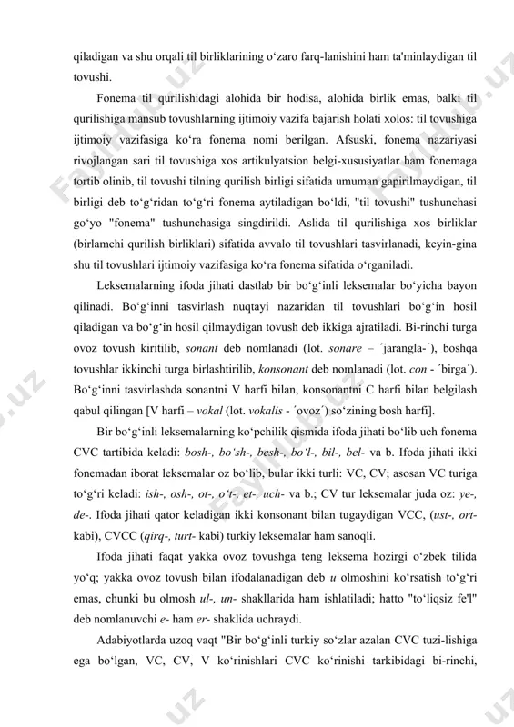 turkiy leksemalar ham sanoqli. ifoda jihati faqat yakka ovoz tovushga teng leksema hozirgi o‘zbek tilida yo‘q; yakka ovoz tovush bilan ifodalanadigan deb u olmoshini ko‘rsatish to‘g‘ri emas, chunki bu olmosh ul-, un- shakllarida ham ishlatiladi; hatto "to‘liqsiz fe'l" deb nomlanuvchi e- ham er- shaklida uchraydi. adabiyotlarda uzoq vaqt "bir bo‘g‘inli turkiy so‘zlar azalan cvc tuzi-lishiga ega bo‘lgan, vc, cv, v ko‘rinishlari cvc ko‘rinishi tarkibidagi bi-rinchi, uchinchi, birinchi va uchunchi tovushni (fonemani) tashlash (talaffuz qilmaslik) natijasida yuzaga kelgan" mazmunli fikr hukmron bo‘ldi. тarixiy-etimologik nuqtayi nazardan yondashish ko‘rsatadiki, qadimgi turkiy tilda yakka ovoz tovushning o‘zi bilan ifodalangan leksemalar mavjud bo‘lgan. masalan, qadimgi turkiy tilda (uyqu( ma'nosini anglatuvchi u- leksemasi mavjud bo‘lgan; yog‘och leksemasi asli (o‘simlik( ma'nosini anglatgan ı- leksemasidan yasalgan va b. ("o‘zbek tilining etimologik lug‘ati"ga qarang). fonema tarkibi vc ko‘rinishli leksemalar qadimgi turkiy tilda 200dan ortiq bo‘lgan; shu qadar ko‘p leksemalar boshlanishidagi tovush tashlangan deyish mutlaqo mumkin emas. xullas, hozirgi adabiy …