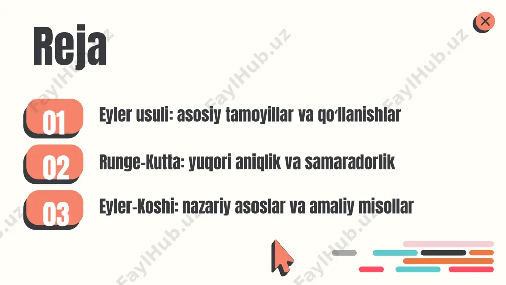 ikni ta’minlashda samarali. bunday afzalliklar usulni keng qo‘llash imkonini beradi. kelajakdagi tadqiqotlar va rivojlanishlar eyler-koshi usuli sohasidagi kelajak tadqiqotlari yangi metodlar va algoritmlar ishlab chiqishga qaratilgan. masalan, avtomatlashtirilgan hisoblash jarayonlarini optimallashtirishda sun'iy intellekt va mashina o‘rganish texnologiyalari qo‘llanilmoqda. bu yondashuvlar murakkab differensial tenglamalar yechimini tezlashtirish va aniqligini oshirish imkonini beradi. shuningdek, bioinformatika, iqtisodiyot va muhandislikda matematik modellashtirish uchun yangi qo‘llash sohalari kashf etilmoqda. kelajakda, yangi yutuqlar hisoblash samaradorligini oshirish va usulning nazariy asoslarini chuqurlashtirishda muhim rol o‘ynaydi. xulosa 1. asosiy tamoyillar: eyler, runge-kutta va eyler-koshi usullari o‘tkich jarayonlarni hisoblashda muhim ahamiyatga ega. har bir usulning o‘ziga xos xususiyatlari va qo‘llanilishi muhimdir. 2. foydalanish sohalari: ushbu usullar matematik modellashtirish, fizika, iqtisodiyot va muhandislikda keng qo‘llaniladi. 3. afzalliklar va kamchiliklar: har bir usulning afzalliklari va kamchiliklarini bilish muhimdir, bu esa to‘g‘ri usulni tanlashga yordam beradi. 4. amaliy misollar: o‘tkich jarayonlarni hisoblashda misollar orqali usullarni tushunish va qo‘llash imkoniyatlari. 5. kelajakdagi tadqiqotlar: yangi …