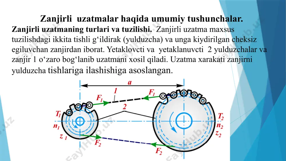 ishi), uzatmaning notekkis ishlashi va shovqinning kuchayishi ortadi. uzatish nisbati, yulduzcha aylanishlar chastotasi, burchak tezligi va zanjir tezligi uzatmani kinematikasi xisoblanadi. zanjirli uzatmani uzatish nisbati: zanjirni tezligi yulduzcha bo‘luvchi diametrining aylana tezligiga teng bo‘ladi: zanjirli uzatmadagi kuchlar zanjirli uzatma tarmoqlarida f1 va f2 – zanjir yetaklovchi va yetaklanuvchi tarmoqlarining tarangligi; ft - aylana kuch; f0= kf aqg -zanjir erkin tarmog‘idagi og‘irlik kuchi; fv=qv2 - markazdan qochirma kuchdan taranglik. tasmali uzatmaga o‘xshash, f1 – f2 = ft bu yerda, q - zanjir uzunlik birligining massasi; v - aylana tezlik, a - zanjir erkin tarmog‘i uzunligi, taxminan o‘qlararo masofaga teng; g - og‘irlik kuchining tezlanishi; kf - yuritma zanjir tarmog’ining qiyaligini ifodalovchi koeffistient. amaliyotda ko‘p tarqalgan sekinyurar va o‘rtacha tezlikda ishlaydigan uzatmalar uchun f0 va ( v = 10m/ s da) fv taranglik kuchlari kichik qiymatga ega bo‘ladi. amaliy hisoblarda zanjirli uzatma uchun f1 =ft ; f2=0 deb olish mumkin. zanjirli uzatmaning …