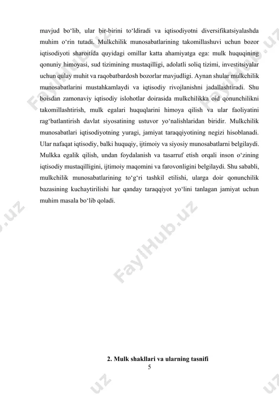 galik asosida tashkil etilgan bo‘lib, ayrim guruhlar yoki tashkilotlarga tegishli bo‘lgan mulkdir. masalan, kooperativlar, jamoa xo‘jaliklari, shirkatlar yoki kasaba uyushmalarining mulki ushbu toifaga kiradi. bunday mulk shaklida egalik qilish va foydalanish huquqlari bir guruh kishilarga tegishli bo‘ladi va qarorlar ham jamoaviy tarzda qabul qilinadi. jamoa mulki odatda hamkorlik, o‘zaro mas’uliyat va barobar foyda olishga asoslanadi. ushbu mulk shakli ishtirokchilarning manfaatlarini uyg‘unlashtirish orqali ijtimoiy adolat va o‘zini o‘zi boshqarish tamoyillarini ro‘yobga chiqaradi. biroq, jamoaviy egalikda boshqaruv muammolari, mas’uliyatning aniq bo‘lmasligi yoki manfaatlar to‘qnashuvi kabi kamchiliklar yuzaga kelishi mumkin. shaxsiy mulk – bu fuqaro yoki alohida shaxsga tegishli bo‘lgan, odatda iste’molga yo‘naltirilgan mulkdir. bunga yashash uyi, kiyim-kechak, maishiy texnika, shaxsiy transport vositasi kabi foyda keltirmaydigan, faqat ehtiyojlarni qondirishga xizmat qiluvchi ob’yektlar kiradi. shaxsiy mulk odamning kundalik ehtiyojlarini qondirish vositasi sifatida qaraladi. shaxsiy mulkning qonuniy himoyasi davlat tomonidan kafolatlanadi va uning daxlsizligi konstitutsiyaviy huquq sifatida belgilanadi. bu turdagi mulk jamiyatning har bir a’zosi …