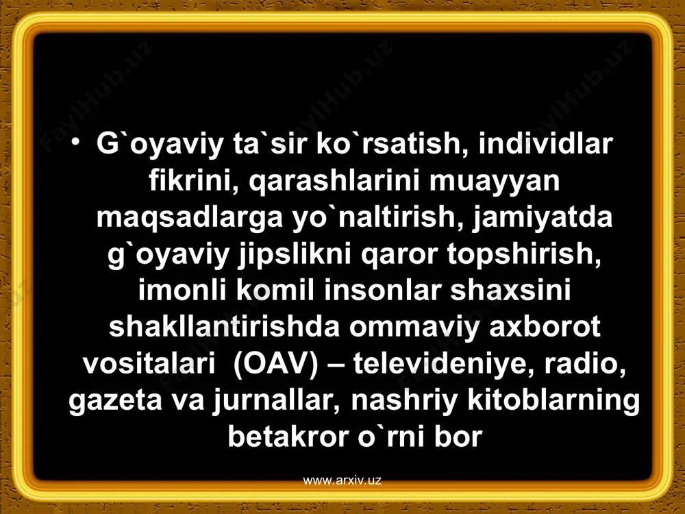 afkura ta`sirida ijodkorlarimiz 1918-1923 yillarda mustaqillik uchun milliy-ozodlik urushi olib borgan vatandoshlarimizni qonxo`r, zo`ravon, bosmachi etib ko`rsatish uchun chakana mehnat sarflamadilar. mustaqillik sharofati bilan o`sha g`oyaviy tajovvuzkorliklar xato ekanini asosli ravishda porloq obrazlarda ko`rsatish imkoniyatiga ega bo`ldilar. biroq, milliy g`oyaga ixlos yetarli bo`lmagani uchun na sahnalarda va na kinoteatrlarda xalqimizga bunday asarlar taqdim etilmayotganiga taajjublanasan, kishi. www.arxiv.uz www.arxiv.uz www.arxiv.uz www.arxiv.uz www.arxiv.uz www.arxiv.uz
