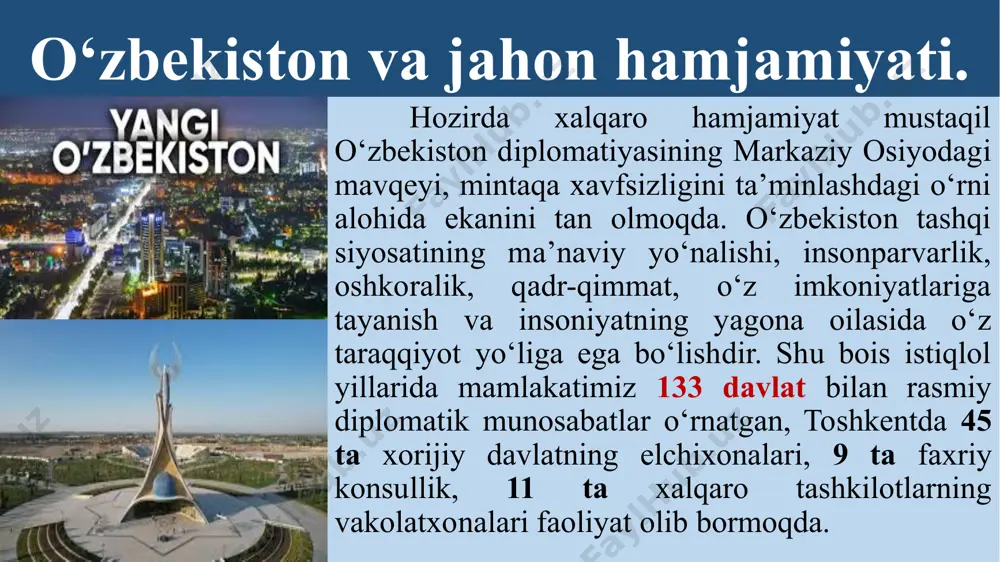 navbatdagi kengashida mdhning nizomi qabul qilindi. 1993-yil dekabrda ashxabod shahrida mdh davlatlari boshliqlarining kengashi bo‘lib, unda gruziya mdhga a’zo etib qabul qilindi. shu munosabat bilan mdhning tarkibi 12 davlatga yetdi. 1994-yil oktabrda moskvada o‘tkazilgan mdh davlat boshliqlarining kengashida davlatlararo iqtisodiy qo‘mita (diq) tuzildi. diqning shtab-kvartirasi moskva shahri etib belgilandi. o‘zbekiston va markaziy osiyo davlatlari 1993-yilning yanvarida mamlakatimiz birinchi prezidenti islom karimov tashabbusi bilan markaziy osiyo davlatlari rahbarlarining toshkent uchrashuvi tashkil etildi. oliy darajadagi bu uchrashuvda markaziy osiyo hamdo‘stligiga asos solindi. besh davlat – qirg‘iziston, qozog‘iston, o‘zbekiston, tojikiston, turkmaniston rahbarlari hamdo‘stlik haqidagi bitimga imzo chekishdi. o‘zbekiston va markaziy osiyo davlatlari markaziy osiyo davlatlari rahbarlari 1993-yil qozog‘iston respublikasining qizil o‘rda shahrida, 1994-yil nukus shahrida, 1995-yil turkmaniston davlatining doshhovuz shahrida, 1995-yil yana nukus shahrida orol dengizi muammosiga bag‘ishlangan uchrashuvlar o‘tkazdilar. o‘zbekiston va markaziy osiyo davlatlari 2017-yilda qozog‘iston, turkmaniston va qirg‘iziston davlatlariga o‘zbekiston prezidentining rasmiy tashriflari amalga oshirildi. 2018-yil mart oyida esa tojikistonda oliy …