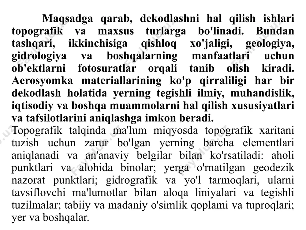 sh nurini oladi, bu ularning zichligi va tuzilishini aniqlaydi. ob'ektning soyasi shakli va uning kattaligi daraxtning balandligi, shuning uchun minora yoki chuqurning chuqurligi, xandaq ob'ektning mazmunini aniqlashga imkon beradi. shuni yodda tutish kerakki, soyaning kattaligiga yerlar ta'sir qiladi (1-rasm). qorong'i soyalar ob'ektning cho'zilgan siluetini ifodalaydi. bu xususiyat to'siqlarni, telegraf ustunlarini, suv va silo minoralarini, geodezik tarmoq nuqtalarining tashqi belgilarini, alohida daraxtlarni, shuningdek, keskin ifodalangan relef shakllarini (jarliklar va boshqalar) hal qilishda ishlatiladi. 1-rasm. rel’yef va ob’yekt soyasining uzunligi rang va uning to'yinganligi - eng ishonchli ko'rsatkich, chunki tabiiy ranglar bilan suratga olishda yer ob'ektlarining ranglari fotosurat tasvirining ranglariga mos keladi. eng yaxshi natijalar yuqori kontrastli spektr zonali aerofotograflarni dekodlashda olinadi. rasmning tuzilishi to'g'ridan-to'g'ri dekodlashning eng barqaror xususiyati bo'lib, u amalda tortishish sharoitiga bog'liq emas. tuzilma - bu tasvirdagi yer tasvirining bir hil va bir xil bo'lmagan detallari ixcham guruhining boshqa bir necha to'g'ridan-to'g'ri shifrlash xususiyatlarini (shakli, ohangi, o'lchami, soyasi) birlashtirgan …