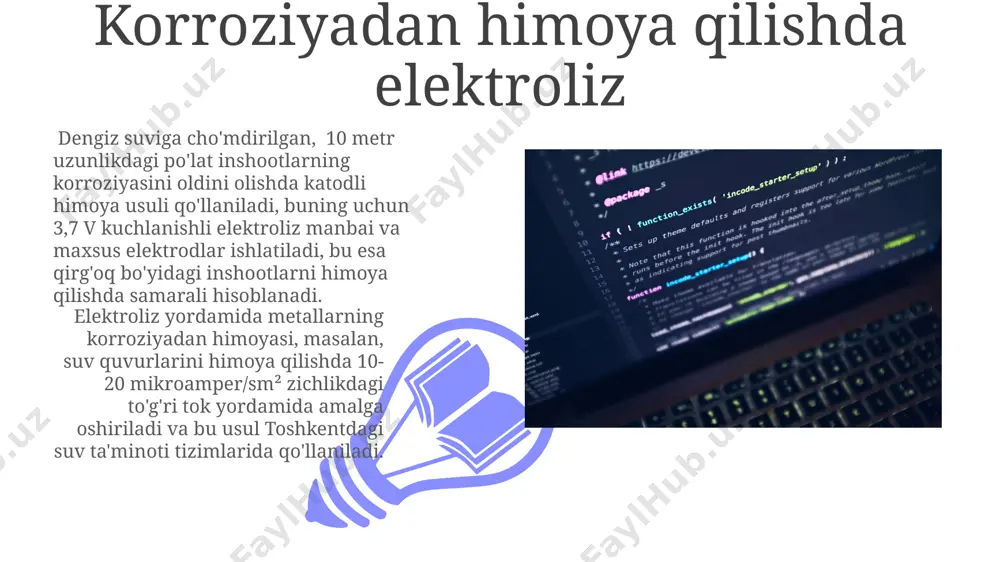ijasida moddalar ajralib chiqadi, masalan, suvni vodorod va kislorodga ajratish. elektrolizda, faraday qonunlariga ko'ra, ajralib chiqadigan moddaning massasi elektrolit orqali o'tgan elektr tokining kuchi va vaqtiga to'g'ridan-to'g'ri proportsional bo'ladi, masalan, 1 amper tok 1 soat davomida o'tkazilganda 0,036 gramm vodorod ajraladi. elektrokimyoviy qoplamalar mis qoplamasi, 10 mikrometr qalinlikdagi qatlam bilan, elektr o'tkazuvchanligi yuqori bo'lgan simlar va elektr kontaktlarini ishlab chiqarishda, masalan, aqshning kaliforniya shtatidagi elektronika sanoatida muhim ahamiyatga ega. elektrokimyoviy qoplamalar, masalan, nikel qoplamalarini qo'llash orqali 1000 ga yaqin turdagi po'lat buyumlarning korroziyaga chidamliligini 5-10 barobar oshirish mumkin, bu esa germaniyadagi avtomobilsozlik korxonalarida keng qo'llaniladi. elektrolizning sanoatdagi ahamiyati xlor-ishqor elektrolizi jarayoni orqali dunyo bo'ylab yiliga 50 milliondan ortiq tonna xlor va natriy gidroksidi ishlab chiqariladi, ular kimyoviy sanoatda, masalan, germaniya va aqshda turli mahsulotlarni ishlab chiqarishda keng qo'llaniladi. elektroliz yordamida alyuminiy ishlab chiqarish jahon miqyosida yiliga 60 million tonnadan ortiqni tashkil etadi, bu esa global metallurgiya sanoatida muhim o'rin tutadi …
