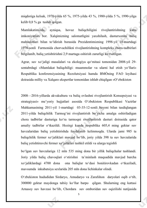 ng 1994—2003-yillarda baliqchilik tarmog‘ida iqtisodiy islohotlar amalga oshirilib,baliqchilik xo‘jaliklari bosqichma-bosqich xususiylashtirildi. hozirgi kunda baliqchilik tarmog‘ida turli mulkchilik shaklidagi korxonalar faoliyat ko‘rsatmoqda. tabiiy suv havzalaridan (ko‘l, suv omborlari va boshqalar) baliq ovlash xususiy korxona va fermerlar tomonidan ijara shartlari asosida amalga oshirilmoqda. tabiiy suv havzalaridan baliq ovlash mahalliy hokimiyatlar bilan kamida 10 yil muddatga ijara shartnomasi tuzgan korxonalar tomonidan olib boriladi. korxonalar baliq ovlashni mavjud talab asosida hamda biologik resurslardan kelib chiqqan holda kvotasiz amalga oshiradilar. ular havzalarda baliq zaxiralarini saqlash va ko‘paytirish tadbirlarini amalga oshirishlari zarur. ushbu tartib asosida respublikada mavjud 630 ming gektar tabiiy suv havzalarining 424,5 ming gektari ijaraga berilgan. surxondaryo viloyatida 7966 gektar tabiiy suv havzalari 4 korxonaga ijaraga topshirilgan. tabiiy suv havzalarida baliq ovlashni rivojlantirishning asosiy muammosi suv sathi o‘zgaruvchanligi va har yillik tabiiy o‘zgarishlar havzalarning gidrolitik rejimiga jiddiy ta’sir ko‘rsatishi hamda suv irrigatsiya ehtiyojlari uchun ishlatilishidir. o‘zbekistonda baliqchilikni rivojlantirish uchun mas’ul bo‘lgan asosiy tashkilot — …