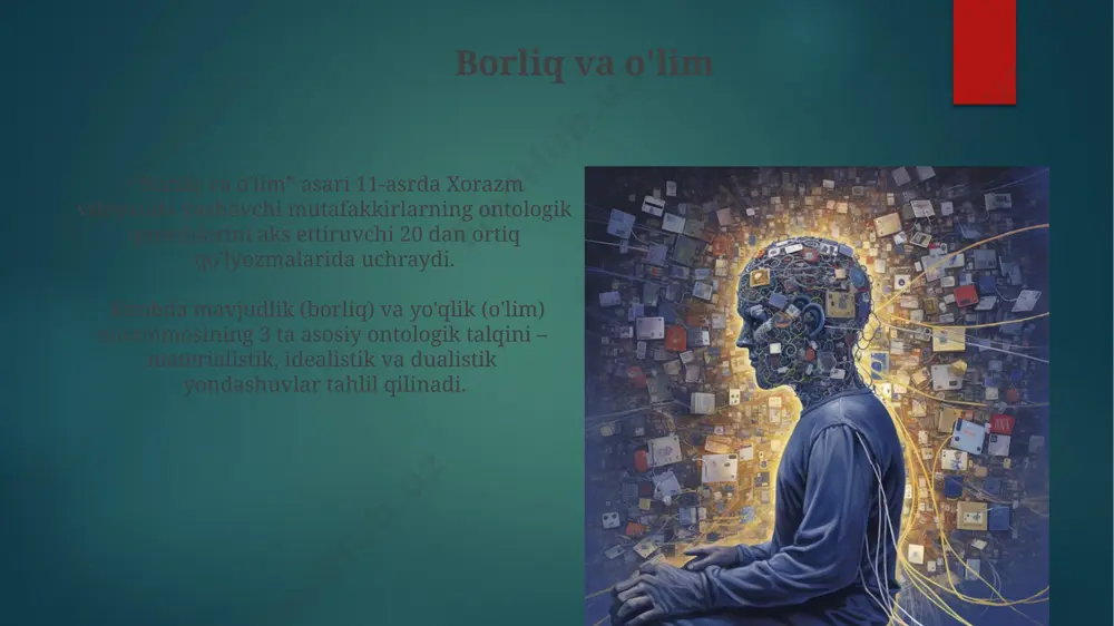 ida ko'rib chiqilgan bo'lsa, ko'plik esa heraclitusning 2 ta asosiy tamoyili - olov va suv orqali ifodalangan. 20-asr o'zbekistonida mavjud bo'lgan falsafiy maktablar, borliqning birligi va ko'plikligi haqida turli xil, ba'zan ziddiyatli 5ta fikrlarni ifoda etdi, shu jumladan materializm va idealizm nuqtai nazarlarini o'z ichiga olgan. borliqning tabiatini o'rganish o'rta asrlar davrida, taxminan 12-13-asrlarda, markaziy osiyo hududlarida, xususan buxoro va samarqand kabi shaharlarda borliq haqidagi ontologik bahslar islomiy falsafa doirasida keng rivojlangan. 20-asrda, ekzistensializmning rivojlanishi bilan, "borliqning tabiatini o'rganish" mavzusi, mavjudotning insoniy tajribasiga bo'lgan munosabatini hisobga olgan holda, 3 ta asosiy yo'nalishda o'rganildi. borliq falsafasining zamonaviy muammolari трансгуманизм ғояларининг тараққий этиши ва сунъий интеллект технологияларининг 30 йил ичидаги ривожланиши инсоннинг ўзига хос онтологик хусусиятлари ҳақидаги саволларни кун тартибига қўйди, бу эса янги фалсафий мунозараларга сабаб бўлмоқда. маълумотларнинг кўпайиши (big data) ва интернетнинг ривожланиши натижасида 5g технологияси орқали виртуал ва реал борлиқнинг чегараларини аниқлаш масаласи, ҳаттоки 2024 йилнинг ўзида ҳам онтологиянинг …