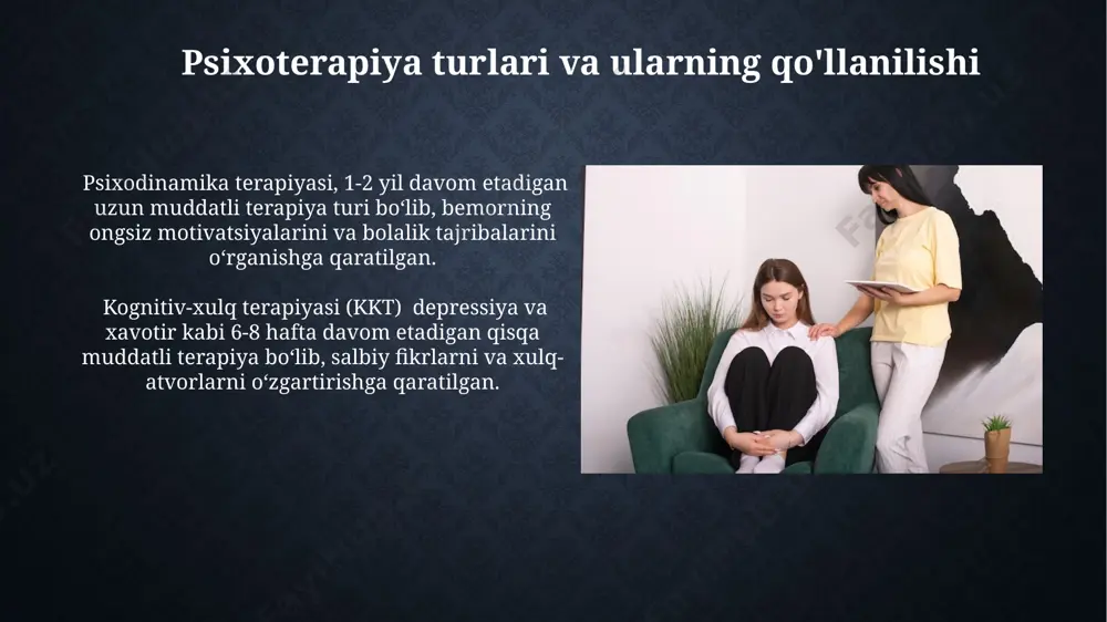 ali og'riq sindromlari (fibromiyalgiya, bosh og'rig'i) bilan og'rigan bemorlarda minfli psixoterapiya usullarining qo'llanishi natijasida og'riq sezish darajasi va dori-darmonlarga bo'lgan ehtiyoj 25% ga qisqargan. stress va somatik kasalliklar o'rtasidagi bog'liqlik psixosomatik tadqiqotlar shuni ko'rsatadiki, stressning uzoq muddatli ta'siri, qon bosimining oshishi va metabolik sindrom kabi 3 dan ortiq somatik kasalliklarning rivojlanishiga sabab bo'lishi mumkin. miyada stress gormonlari, masalan kortizolning yuqori darajasi, immunitet tizimiga salbiy ta'sir ko'rsatib, virusli va bakterial infektsiyalarga nisbatan zaiflashtiradi, natijada somatik kasalliklar xavfini oshiradi. psixodinamik terapiya va somatik kasalliklar psixodinamik terapiya, 30-40% bemorlarda yashirin psixologik omillar bilan bog'liq bo'lgan somatik kasalliklar alomatlarini yengillashtirishda samarali bo'lishi mumkin, bu esa umumiy sog'liq holatini yaxshilashga yordam beradi. tadqiqotlar shuni ko'rsatdiki, psixodinamik terapiya yurak-qon tomir kasalliklari, oshqozon-ichak trakti kasalliklari va bosh og'rig'i kabi 20 dan ortiq somatik kasalliklar bilan kurashishda ijobiy natijalar beradi. xulq-atvor terapiyasi va somatik kasalliklar xulq-atvor terapiyasi, diabet kasalligi bilan ogʻrigan bemorlarda qon shakarini nazorat qilishni yaxshilashda muhim …