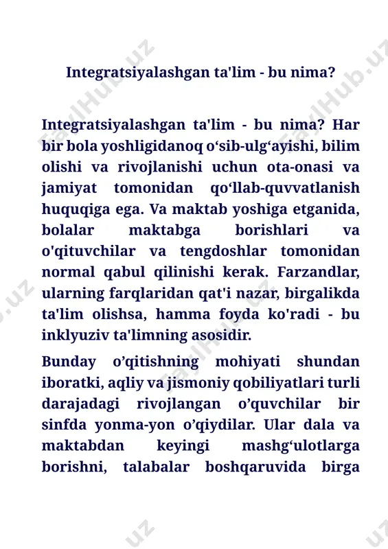 qilmaydi yoki ajratmaydi, an'anaviy ravishda marginal guruhlarga nisbatan kamsitishni qo'llab-quvvatlamaydi. axir, individual maxsus ta'lim alohida e'tiborga muhtoj bo'lgan bolalar uchun muvaffaqiyatga kafolat bermaydi. integratsiyalashgan oʻquv tajribasini qoʻllab-quvvatlaydigan va qoʻllab-quvvatlaydigan maktablar ancha yaxshi natijalarga erishadi. integratsiyalashgan ta'limning asosiy elementlari o'qituvchilarga talabalarning barcha ehtiyojlari va ehtiyojlarini qondirishga yordam beradigan yordamchilar, o'qituvchilar yoki mutaxassislarni jalb qilish, butun guruh bilan ishlash. alohida ta'limga muhtoj bolalar uchun moslashtirilgan o'quv dasturi. ishtirok etishota-onalar. aksariyat maktablar ota-onalarning ma'lum darajada ishtirok etishini maqsad qilgan, lekin bu ko'pincha choraklik yig'ilishlar bilan cheklanadi. hamma va hamma uchun integratsiyalashgan ta'lim - bu ularning jismoniy, intellektual, ijtimoiy yoki til rivojlanishidan qat'i nazar, jamiyatdagi barcha bolalarni qabul qilishdir. guruhga ko'pincha kam ta'minlangan bolalar, shuningdek, barcha irq va madaniyat vakillari kiradi. iqtidorli talabalar va imkoniyati cheklangan bolalar sinfda mukammal birga yashaydilar. integratsiya, albatta, bir zumda sodir bo'lmaydi, buning uchun puxta rejalashtirish, ijobiy munosabat, muayyan xatti-harakatlar modeli, zarur ixtisoslashtirilgan yordamdan foydalanish, bir so'z bilan aytganda, …