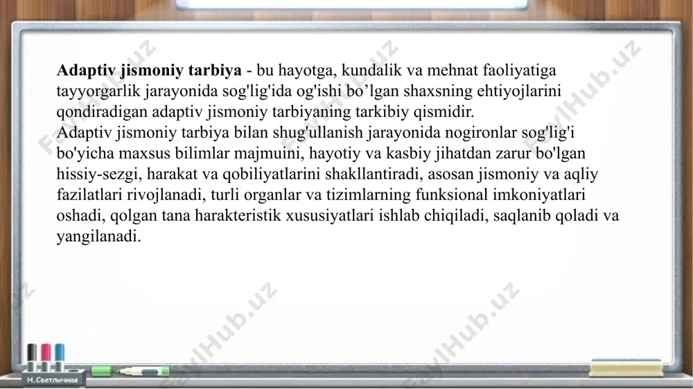 aoliyatidan qoniqishni ta'minlay oladigan mavjud faoliyatga jalb qilish haqida o'ylash kerak, ruhiy stressni olib tashlash va so’ngida ularni adaptiv jismoniy tarbiyaning boshqa turlariga va uzoq muddatli istiqbolda kasbiy mehnat faoliyatiga jalb qilish. adaptiv jismoniy tarbiyaning ijodiy turlari (badiiy va musiqiy tanaga yo'naltirilgan amaliyoti )- jismoniy imkoniyati cheklangan insonlarning sog'lig'iga bo'lgan ehtiyojini qondiradigan adaptiv jismoniy tarbiyaning tarkibiy qismi (turi), o'zini o'zi rivojlantirish, ijodiy o'zini rivojlantirish, harakat, musiqa, tasvir (shu jumladan badiiy), boshqa san'at vositalaridir. shubhasiz, ijodiy jihat adaptiv jismoniy tarbiyaning sanab o'tilgan barcha tarkibiy qismlarida (turlarida) mavjud, ammo bu yerda u ajt turining asosiy, yetakchi maqsadi va mohiyatidir. badanga yo'naltirilgan ijodiy amaliyotlarda jismoniy mashqlar jarayonida insonning ma'naviy va tanaviy tamoyillari birligi faoliyatning majburiy, ajralmas atributidir, u holda u, printsipial ravishda, mavjud bo'lolmaydi. bularning barchasi adaptiv jismoniy tarbiyaning ushbu turiga haqiqiy amaliy talabni yana bir bor tasdiqlaydi va ushbu bobning mualliflarining fikriga ko'ra, adaptiv jismoniy tarbiya, adaptiv sport, adaptiv vosita rekreatsiyasi va …