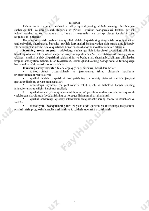 iqtisodiy samaradorligini hisoblash usullari; · qurilish industriyasining resurs salohiyatini o‘rganish va undan resurslar va vaqt omili cheklangan sharoitlarda foydalanishning oqilona qurilish montaj larini aniqlash; · qurilish sohasidagi iqtisodiy islohotlarni chuqurlashtirishning asosiy yo‘nalishlari va vazifalari; · iqtisodiyotni boshqarishning turli pog‘onalarida qurilish va investitsiya maqsadlarni rejalashtirish, prognozlash, moliyalashtirish va kreditlash asoslarini o‘zlashtirish. 1-mavzu. kapital jamg‘arma reja: 1.1. kapital jamg‘arma korxona ishlab chiqarish salohiyatini rivojlantirish va mustahkamlash vositasi sifatida. 1.2. korxonalarda kapital jamg‘armalashning asosiy manbalari va yo‘nalishlari. 1.3. kapital jamg‘armaning iqtisodiy samaradorligini baholash. 1.1. kapital jamg‘arma korxona ishlab chiqarish salohiyatini rivojlantirish va vositasi sifatida korxonalar xo‘jalik yuritish va ishlab chiqarish faoliyatining muhim jihatlaridan biri ishlab chiqarish va iqtisodiy salohiyatni rivojlantirish va saqlab qolishdir. korxonalarning bu yo‘nalishdagi faoliyati investitsion faoliyat deb ataladi hamda “investitsion faoliyat to‘g‘risida” gi qonun va boshqa huquqiy hujjatlar bilan tartibga solinadi. kapital jamg‘arma korxonalar va xalq xo‘jaligi miqyosida yangi korxonalari yaratish yoki mavjud korxonalarni zamonaviylashtirish, ilg‘or texnika va texnologiyalarni o‘zlashtirish, …