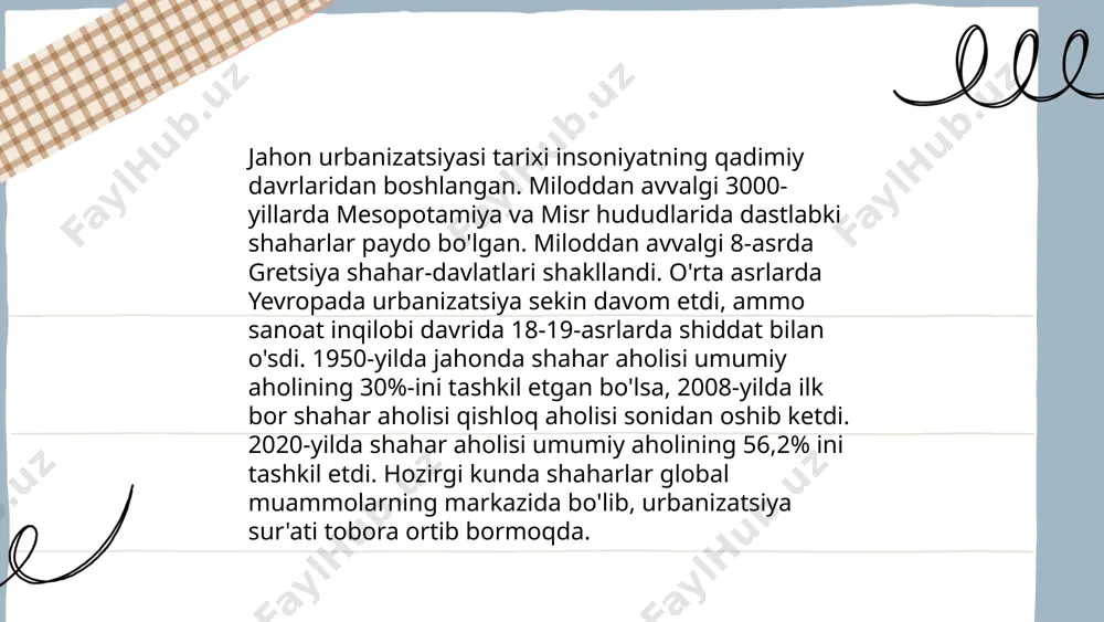 aharlardagi energiya ta’minoti bo‘yicha ko‘rsatkichlar 20% kam bo‘lishi mumkin. bu kabi muammolar shaharliklarning hayot sifati va mahsuldorligiga salbiy ta’sir qiladi. ... t.me/slaydai_bot aholi zichligi ko'pincha bir kvadrat kilometrga to'g'ri keladigan aholi soni bilan o'lchanadi. urbanizatsiya esa aholi punktlarining shaharlar tomon ko'chishi va ularda yashovchi aholi sonining o'sishi jarayonidir. jahonda urbanizatsiya darajasi har yili oshib, 1950-yildagi 746 milliondan 2021-yilda 4,4 milliard kishiga yetdi. o'zbekistonda 2022-yilda aholi zichligi 78 kishidan ortiqroq bo'lib, urbanizatsiya darajasi 50% atrofida. ko'plab rivojlangan davlatlarda esa urbanizatsiya darajasi 80%dan yuqoridir. dunyoda shaharlarda yashovchi aholining ulushi 2050-yilga kelib 68% ga yetishi prognoz qilinmoqda. ... t.me/slaydai_bot urbanizatsiya jarayoni natijasida transport tizimiga talab oshib bormoqda. jahon banki ma'lumotlariga ko'ra, 2020 yilda o'zbekiston shahar aholisi 50% dan oshdi. bu esa transport tizimini rivojlantirishni talab qiladi. xususan, 2019 yilda toshkent shahrida kuniga 500,000 dan ortiq avtomobil harakatlanishi qayd etilgan. transport vazirligi shaharlardagi yo'l-transport infratuzilmasini kengaytirish uchun har yili davlat byudjetidan 1 trillion so'm …