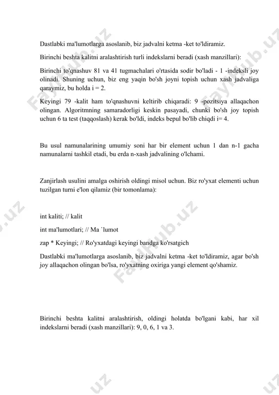 iga yangi element qo'shiladi. shunday qilib, 41 -kalitli element 81 -tugmachadan keyin, 79 -tugmachali element esa 59 -kalitli banddan keyin joylashtiriladi. shaxsiy topshiriqlar 1. ikkilik daraxtlar. tasodifiy sonlar generatori dasturidan foydalanib, 1 dan 99 gacha 10 qiymatni oling va ikkilik daraxtni yarating. yo'lni aylantiring: 1.a chapdan o'ngga o'tish: chap-ildiz-o'ng: avval chap pastki daraxtga, so'ngra ildizga va nihoyat o'ng pastki daraxtga tashrif buyuring. (yoki aksincha, o'ngdan chapga: o'ng - ildiz - chap) 1.b yuqoridan pastgacha o'tish: ildiz-chap-o'ng: pastki daraxtlar uchun ildizga tashrif buyuring. 1.c pastdan yuqoriga o'tish: chapdan o'ngga ildiz: pastki daraxtlardan keyin ildizga tashrif buyuring ushbu maqolaning bir qismi sifatida men sizga aytaman xash nima, nima uchun kerak, qaerda va qanday ishlatiladi, shuningdek eng mashhur misollar. ko'pgina axborot texnologiyalari vazifalari ma'lumotlar uchun juda muhim. masalan, agar siz har biri 1 kb hajmdagi ikkita fayl va har biri 10 gb bo'lgan ikkita faylni solishtirishingiz kerak bo'lsa, bu vaqt butunlay boshqacha. shuning …