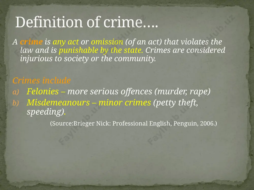rce on another person is _____ the unlawful killing of a person without malicious intent and therefore without premeditation is ______ any instance in which one party deceives or takes unfair advantage of another is ______ the unlawful taking of another’s property using a dangerous weapon is _______ the crime of breaking into a private home with the intention of committing a felony is ________ taking the property of another without right or permission is ___________ which type of crime is it? what is a possible definition of crime? which are the two major groups of crimes? what was the difference between felony and misdemeanour before the act? for more vocabulary visit: answer the following questions. – part 1 image3.jpeg image4.jpeg /docprops/thumbnail.jpeg