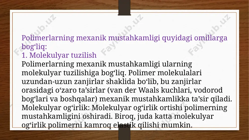 da yaxshiroq ishlaydi, lekin yuqori haroratda tez yomonlashadi. kimyoviy ta'sirlar: kimyoviy moddalar, shu jumladan kislorod, o‘tkir kimyoviy reaktivlar (kislotalar, asoslar, sovunlar va boshqalar), polimerlarning uzoq muddatlik xususiyatlariga ta'sir ko‘rsatishi mumkin. kimyoviy reaksiyalar polimerlarning strukturaviy buzilishiga olib kelishi mumkin..mexanik yuklamalar va bosimlar polimerlarning bardoshini kamaytirishi mumkin. to‘g‘ri dizayn va ishlatish sharoitlarini ta'minlash uzoq muddatli ishlashga yordam beradi. odatda polimerlarning uzoq muddatligi ko‘p yillar davomida o‘zgarishi mumkin, lekin bu vaqtni aniq belgilash uchun uning ishlatilish sharoitlari va yuqoridagi omillarning birgalikdagi ta'siri hisobga olinishi lozim. misol uchun, ba'zi polimerlar tashqi muhitda 10–50 yil davomida ishlayishi mumkin, lekin ideal sharoitda bu muddat ancha uzoq bo‘lishi mumkin. e’tiboringiz uchun raxmat. image5.png image6.png image7.jpeg image3.png image4.png /docprops/thumbnail.jpeg