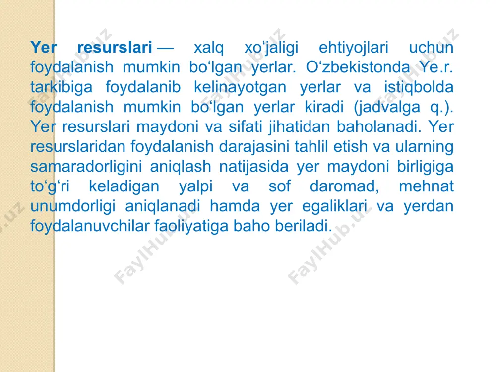 oqilona va samarali foydalanish kо‘p jihatdan uni tashkil etishga yо‘naltirilgan qator tadbirlarni qay darajada о‘tkazilayotganligiga bog‘liqdir. davlat tomonidan о‘tkazilayotgan bunday tadbirlar qanchalik tо‘g‘ri va oqilona tashkil etilgan bо‘lsa, yer maydonlaridan foydalanish va umuman iqtisodiyotning rivojlanishi shunchalik yuqori bо‘ladi. yerni har tomonlama yaxshilash, uning unumdorligini va iqtisodiy samaradorligini doimo oshirib borish – bu, birinchi galda, qishloq xо‘jaligini yuritishning ilmiy tizimi asoslari va yerdan yuqori mahsuldorlik bilan foydalanishdir. shu jihatdan ham yerdan tо‘g‘ri foydalanishni tashkil etishga yо‘naltirilgan davlat yer kadastri, yer tuzish, yer monitoringi, yer huquqi, yer solig‘i, yerlardan foyda- lanishni davlat nazoratini о‘rnatish kabi tadbirlarning tub mohiyatini bilish va ularga rioya qilish katta amaliy ahamiyatga ega bо‘ladi [4]. shuning uchun ham bо‘lg‘usi mutaxassislarni respublika yer maydonlaridan foydalanishni tashkil etishga yо‘naltirilgan yuqoridagi tadbirlarning umumiy mazmuni, mohiyati va о‘tkazish uslubiyatlari bilan tanishtirish ularni kasbiy mahoratlarini shakllantirish va rivojlantirishda muhim о‘rin tutadi. yer – tabiiy resurs hamda xalq xо‘jaligi tarmoqlarining ishlab chiqarish vositasi sifatida …