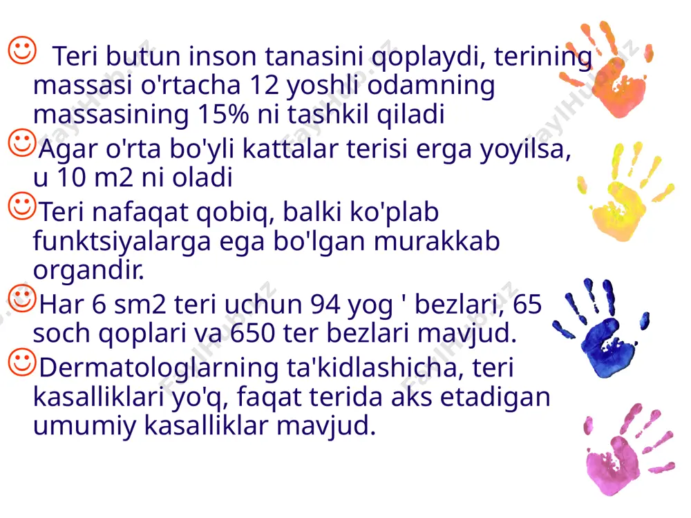 ngilanadi fibroblastlar-dermisning ferment hujayralari kollagen va hujayralararo moddalarni sintez qiladi va yo'q qiladi makrofaglar - tartibga soluvchi hujayralar terini zararli moddalarning kirib kelishidan himoya qiladi gipodermis-bu tananing teri osti yog ' qatlami bu yog ' kislotalarining to'planishi va chiqarilishi tufayli tananing kuchli energiya zaxirasidir yog 'hujayralaridan (adipotsitlar) iborat - bu butun bo'shliqni egallagan bir tomchi yog' bilan periferiyaga siljigan yassilangan yadroli hajmli hujayralar. yog ' hujayralarining gipodermisda tarqalishi odamning jinsiga bog’liq siluetga ko'proq yoki kamroq uyg'un shakllar beradi. teri osti yog 'to'qimalarida ter bezlari, yog' bezlari chambarchas bog'liq bo'lgan soch follikulalari mavjud gipoderma (teri osti yog ' to'qimasi) ногти - bu tirnoq plastinkasida yotgan shoxli plitalar.tirnoq plastinkasining terisi qon tomirlari va asab tugunlari bilan jihozlangan. 17 soch bizning tanamizdagi sochlar notekis joylashtirilgan. sochlarning uch turi mavjud: uzun sochlar – bosh, soqol va mo'ylov, qo'ltiq osti va jinsiy a'zolar; tukli – qoshlar, kirpiklar, burun va quloq kirishlari; vellus-tananing qolgan qismini qoplaydi. …