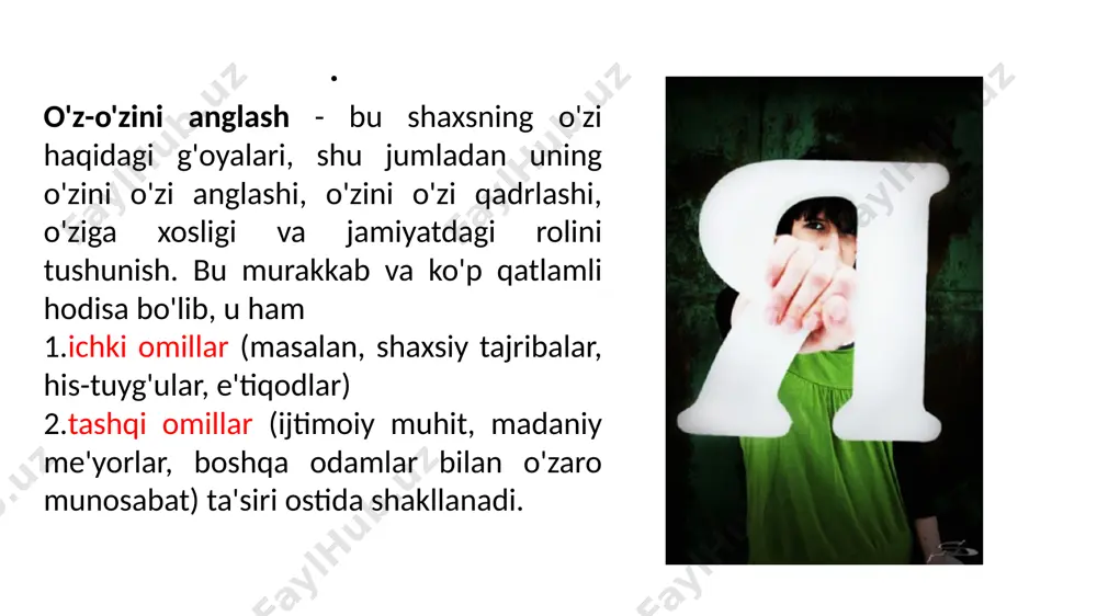 tagi darajasiga sezilarli darajada ta'sir qilishi mumkin. 9. **mulohazalarni qabul qilish qobiliyati**: tanqidni tinglash va undan o'zingizni va harakatlaringizni yaxshilash uchun foydalanishga tayyorlik. 10. **ijtimoiy aloqalar**: o'z-o'zini rivojlantirish jarayonida yordam bera oladigan qo'llab-quvvatlovchi ijtimoiy muhit, do'stlar va murabbiylarga ega bo'lish. ijodkorlik – bu ilgari mavjud bo‘lmagan sifat jihatidan yangi narsalarni yaratish faoliyatidir. bu odamning nostandart fikrlash qobiliyati bilan bog‘liq. ijod bosqichlari: tayyorgarlik, g‘oyaning paydo bo‘lishi, uni tushunish, g‘oyani amalda sinab ko‘rish. ijod motivatsiyasi: ichki va tashqi. shaxs va ijodkorlik ijodning tarkibiy qismlari: sezgirlik, sinergiya, ichki xissiyot. yuqori ijodiy salohiyatga ega odamlarda konformizm mavjud emas, ular yaxshi taassurot qoldirishga unchalik ahamiyat bermaydilar, muvaffaqiyatsizlikka chidamli. ijodiy fikrlash strategiyalari: «aqliy hujum» («breynstorming» yapon dengizida xizmat qilgan amerikalik mutaxassis a.osborn) va sinektika usuli. uilyam gordon taniqli ixtirochi va ijodiy odamlarning tafakkurini o'rganuvchi tadqiqotchi. u o'z faoliyati davomida individual ijodkorlik va guruh ijodi bir-biriga o'xshashligini aniqladi. keyin, 1961 yilda uilyam gordon tomonidan bostonda "synectics: developing …