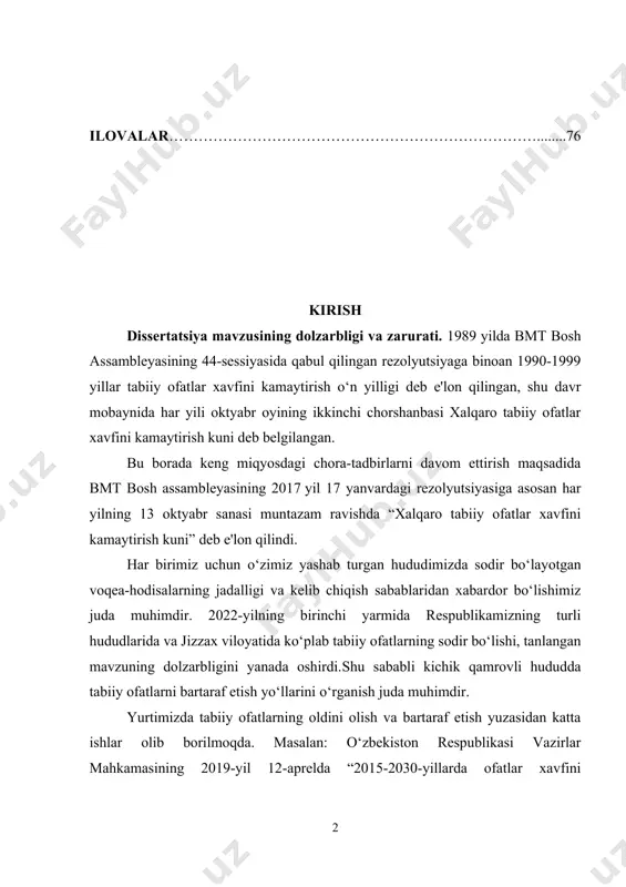 ar xavfini kamaytirish kuni” deb e'lon qilindi. har birimiz uchun o‘zimiz yashab turgan hududimizda sodir bo‘layotgan voqea-hodisalarning jadalligi va kelib chiqish sabablaridan xabardor bo‘lishimiz juda muhimdir. 2022-yilning birinchi yarmida respublikamizning turli hududlarida va jizzax viloyatida ko‘plab tabiiy ofatlarning sodir bo‘lishi, tanlangan mavzuning dolzarbligini yanada oshirdi.shu sababli kichik qamrovli hududda tabiiy ofatlarni bartaraf etish yo‘llarini o‘rganish juda muhimdir. yurtimizda tabiiy ofatlarning oldini olish va bartaraf etish yuzasidan katta ishlar olib borilmoqda. masalan: o‘zbekiston respublikasi vazirlar mahkamasining 2019-yil 12-aprelda “2015-2030-yillarda ofatlar xavfini kamaytirish bo‘yicha senday hadli dasturi”ni o‘zbekiston respublikasida amalga oshirish chora-tadbirlari to‘g‘risidagi qaror qabul qilindi. vazirlar mahkamasining “o‘zbekiston seysmik xavfi yuqori bo‘lgan hududlarida quriladigan bino va inshootlariga zilzilabardoshlik bo‘yicha xulosalar berish tartibini joriy etish to‘g‘risida”gi qarori loyihasi e’lon qilindi. fanlar akademiyasi, favqulodda vaziyatlar vazirligi hamda qurilish vazirligining seysmik xavfi yuqori bo‘lgan hududlarda quriladigan bino va inshootlarga zilzilabardoshlik bo‘yicha ilmiy xulosalar berish tartibini bosqichma-bosqich joriy etish to‘g‘risidagi taklifi ma’qullanadi. vazirliklar va idoralar, …