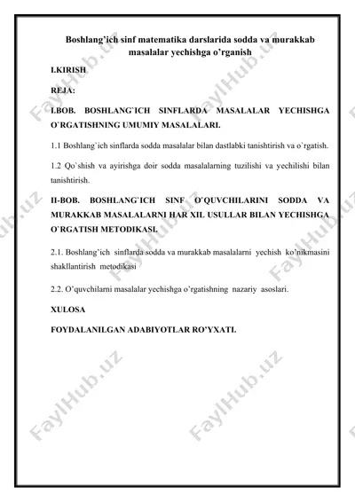 boshlang’ich sinf matematika darslarida sodda va murakkab masalalar yechishga o’rganish — DOCX