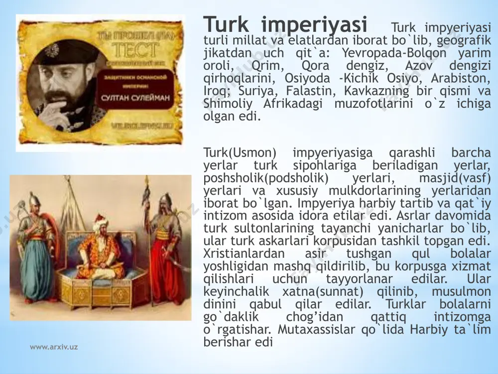 i va yyer egatigiga bog`liqligi bilan qorishib ketgan edi. milliy burjuaziya xalq ozodlik harakatiga boshchilik qilgan bo’lmasada xorijiy monopoliyalar hukmronligiga qarshi chiqmadi va dehqonlarning yer haqidagi talablarini qondira olmadi. ular konstilutsion monarxiya tizimi tarafdorlari edilar. usmonli turk impyeriyasidagi siyosiy harakatlar imperiya tarkibida milliy mustaqil davlat, avvalo turkiya mustaqil davlati tashkil etilmasdan turib taraqqiyot yo`liga chiqib olish mumkin emasligini ko`rsatdi. turk milliy burjuaziyasi shovinislik yo`ldan borib, boshqa millatlarning taraqqiyparvar kuchlarini birlashtira olmadi. www.arxiv.uz xulosa xulosa o’rnida xviii asr oxiri va xix asr mobaynida usmoniylar impyeriyasi halokatli davrni boshidan kechirdi. sulton salim iii (1789-1807) saltanatni saqlab qolishga urindi. yuqorida aytilgan «nizomi jadid» tadbirlari yoki islohotlarga yirik feodallar, ayniqsa, yanicharlar,, ulamolar va boshqalar qaltiq qarshilik ko`rsatganlar. oqibatda ular 1807 yilda uni taxtdan ag`darib tashladilar va o`rniga maxmud ii (1808-1839) taxtga o`tirdi. u ancha murakkab sharoitda atrofdagilari bilan murosa yo`lini tutib, sekin-asta islohotlar orqali mustahkamlab bordi, jumladan, oldinroq ta`kidlangandek yanicharlarni yo`qotish, muntazam armiya to`zdi, …