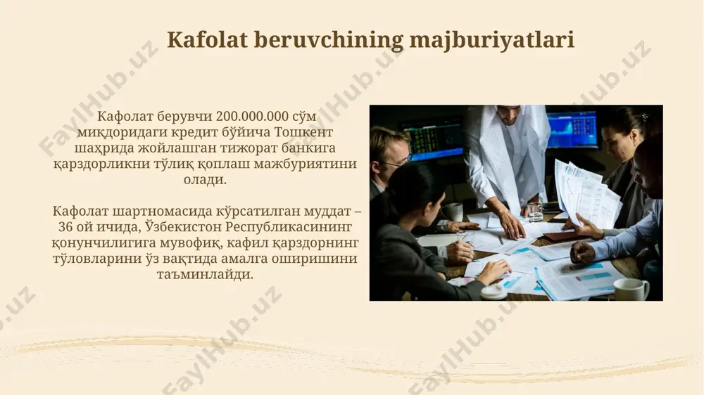 islom kafolat mexanizmlarining samaradorligi 30% ga oshishi, shuningdek, 10 ga yaqin yangi kafolat turlarini joriy etilishi bashorat qilinmoqda. dubaydagi xalqaro islom moliya markazi kabi yirik markazlar islom kafolatlari standartlarini takomillashtirish va texnologiyalarni qo‘llash orqali global miqyosda 2030 yilgacha 1500 ta yangi shartnomalar tuzilishiga hissa qo‘shishi mumkin. zamonaviy kafolat mexanizmlari zamonaviy kafolat mexanizmlaridan biri, 2023-yilda o'zbekistonda joriy etilgan, 50 million aqsh dollarigacha bo'lgan kreditlar uchun elektron kafolat platformasi hisoblanadi. saudiya arabistoni kabi mamlakatlarda, islom moliyaviy institutlari 10 yillik muddatli loyihalar uchun ijtimoiy kafolatlarni murakkab shartnomalar orqali ta'minlaydi. islom moliya institutlaridagi kafolat amaliyoti islom moliyaviy institutlarida, masalan, saudiya arabistonidagi banklar 2022 yilda 5 milliard dollar miqdorida kafolatlangan obligatsiyalarni chiqargan, bu esa xalqaro bozorlardagi ishonchni oshirdi. malayziyadagi islom moliyaviy institutlari, shartnomaviy kafolatlar tizimi orqali, 2021 yilda 300 ga yaqin loyihani 150 million dollar miqdorida kafolatlagan, bu esa xavflarni kamaytirdi. e'tiboringiz uchun rahmat @taqdimot_robot image2.jpg image3.jpg image4.jpg image5.jpg image6.jpg image7.jpg image8.jpg image9.jpg image10.jpg image11.jpg …