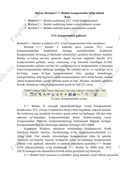 borland c++ builder komponentlar bilan ishlash — DOCX