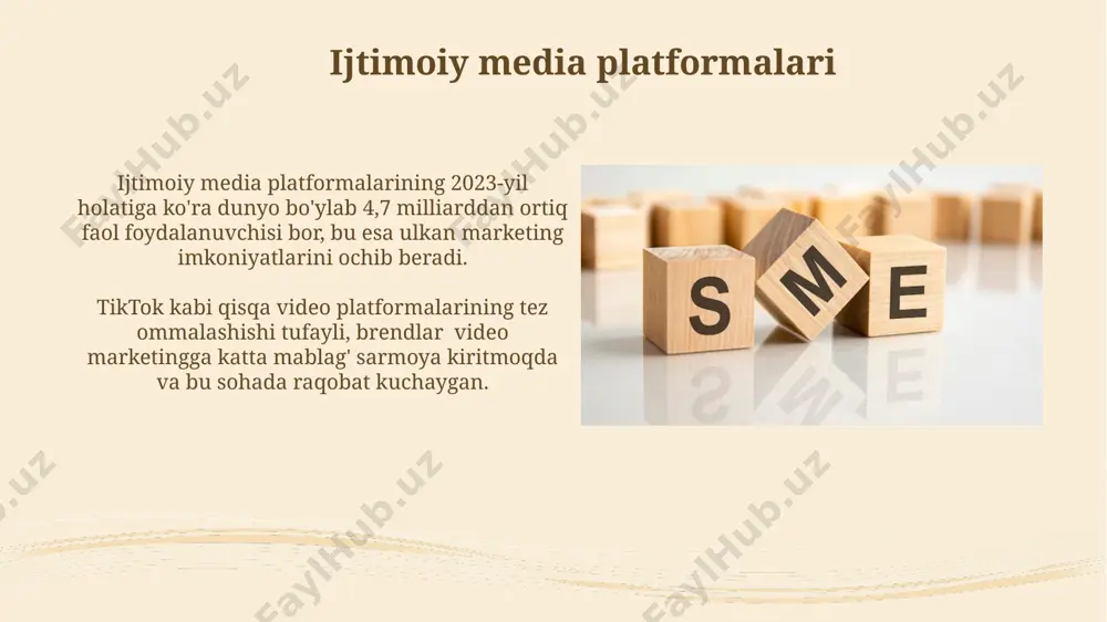 ft marketingi orqali 10x daromad olish. smmning asosiy tushunchalari eng yaxshi natijalarga erishish uchun smm kampaniyalarida a/b testingdan foydalanish tavsiya etiladi, bu esa konversiya stavkasini 15% gacha oshirishga yordam beradi. smmda 30% dan ortiq trafikni instagram, facebook va youtube kabi platformalar orqali olish mumkin, bu esa maqsadli auditoriyaga yetish uchun eng samarali kanallar hisoblanadi. smm xizmatlarini tanlash influencer marketingni qo'llash imkoniyati, maqsadli auditoriya segmentiga moslashtirilgan kontent yaratish va algoritmlarni tahlil qilish qobiliyati kabi omillarni hisobga oling. smm xizmatlarini tanlashda, agentlikning kamida 3 yillik tajribasiga va 50 dan ortiq muvaffaqiyatli loyihalar portfeliga e'tibor bering. e'tiboringiz uchun rahmat @taqdimot_robot image2.jpg image3.jpg image4.jpg image5.jpg image6.jpg image7.jpg image8.jpg image9.jpg image10.jpg image11.jpg image12.jpg image13.jpg