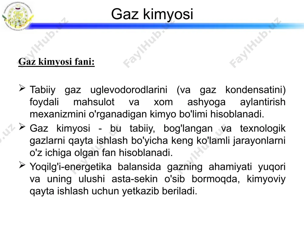 ы: 14 tabiiy gaz - terminlar birlamchi (tabiiy) gazlar - tabiiy kelib chiqishi gazlar: neft yo’ldosh gazlar, yo’ldosh gazlar, gaz kondensati konlari; ikkilamchi (sun'iy) gaz - neft va tabiiy gazni (shuningdek, ko'mir va boshqalarni) texnologik qayta ishlash natijasida hosil bo'lgan gazlar; masalan, gazni qayta ishlash jarayonida gazli mahsulotlarning chiqishi – 5-20 %; gaz tarkibi, % komponentlar katalitik riforming dizel yoqilg’ilarni gidrotozalash gidrokreking замедленного коксования гудрона termik kreking katalitik kreking benzin pirolizi сн4 + н2 19,0 34,0 6,9 36,3 16,2 13,0 18,2 etilen - - - 1,7 2,5 5,0 43,4 etan 21,0 24,5 14,0 18,2 17,0 8,0 3,5 propilen - - - 5,9 9,0 23,8 20,8 propan 32,0 20,5 44,7 17,0 21,5 10,8 0,4 izobutilen - - - 2,3 4,5 7,2 1,0 n-butilen - - - 3,7 0,8 12,8 3,9 n-butan 16,0 - 10,4 9,5 14,5 4,8 0,4 izobutan 12,0 21,0 24,0 5,6 5,0 14,6 3,0 butadien - - - - …