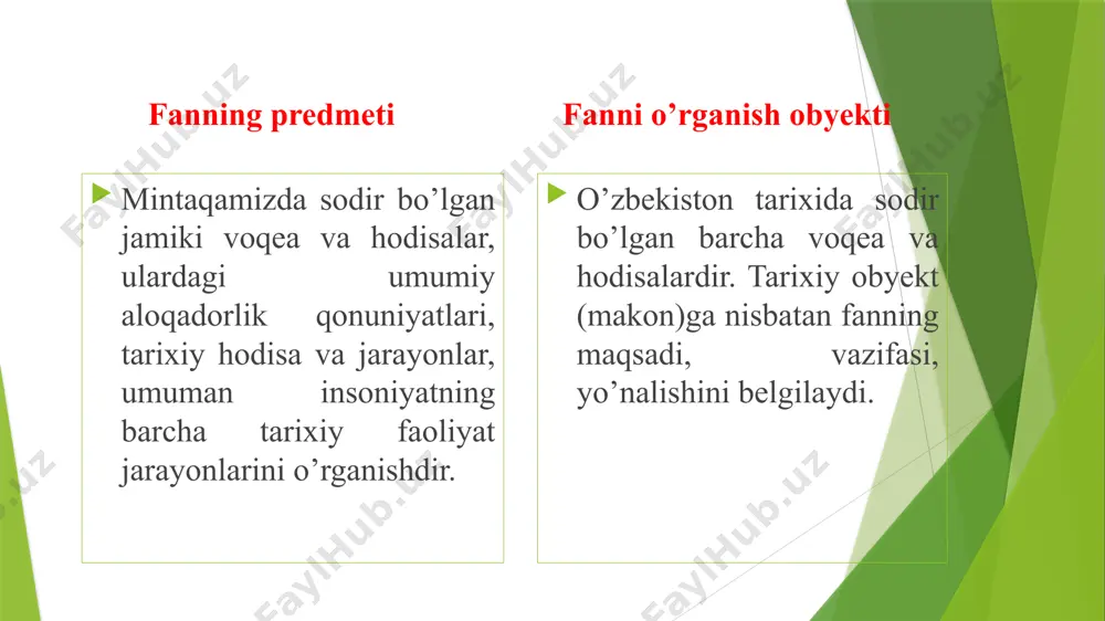 irishdan iborat. o’zbekistonning eng yangi tarixini o’rganish bugungi kunda yaqin va uzoq tariximiz bilan birgalikda, tarixning eng yangi davrini ham o’rganish muhim ahamiyat kasb etadi o’zbekistonning eng yangi tarixi davrini o’rganishning ahamiyati shundaki, bunda mustaqillik yillarida amalga oshirilgan islohotlar va o’zgarishlar haqida ma’lunotlarga ega bo’lamiz hamda o’rganamiz buyuk kelajak bilan bog’liq istiqboldagi strategik maqsadlarimizni ham teran anglaymiz o‘zbekiston tarixi fanining ilmiy-nazariy uslublari va uning tamoyillari tarixiy hodisa va voqealarni, hujjat va faktlarni ilmiy, xolisona o‘rganish va tahlil qilish; tarixni milliylik va umuminsoniylik asosida o‘rganish va tahlil qilish; tarixni haqqoniy, tarixiy-falsafiy mantiqiylik asosida o‘rganish va yozish; tarixga milliy va umuminsoniy xotira va qadriyat sifatida hurmat va ehtirom bilan e’tiborli bo‘lish; xalq, buyuk davlat arboblari va rahbarlari, iste’dodli va qobiliyatli, fidokor va qahramon kishilarning tarixda tutgan o‘rniga alohida e’tibor berish; tarixiy voqea va hodisa, hujjat va faktlarning to‘g‘ri va noto‘g‘riligini aniqlashda tarixiy-tanqidiylik usuliga amal qilish; tarixni o‘rganishda tarixiy izchillikka amal qilish; tarixni …