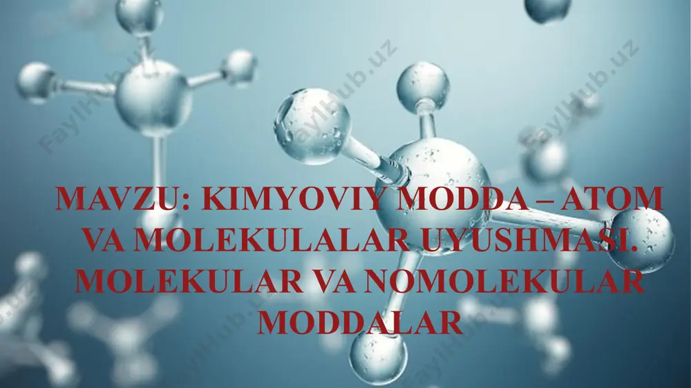 molekular tuzilishdagi moddalar bir xil molekulalardan tashkil topgan va shuning uchun bunday moddalar tarkibi o‘zgarmas bo‘ladi (ularni dastlab ingliz olimi j.dalton ta’riflagani uchun daltonidlar deb ham ataladi). odatda, moddalar gazsimon holatda molekular tuzilishda bo‘ladi. moddalar suyuq yoki qattiq holatda bo‘lganda modda molekulalari orasidagi masofa nisbatan yaqin va ularni o‘zaro ta’sirlashish kuchlari katta bo‘ladi. shu kuchlar ularni bir-biriga bog‘lanib turishini, ya’ni moddani suyuq yoki qattiq holatda bo‘lishini ta’minlaydi. qattiq suyuq gazsimon molekular moddalar gazsimon holatdan tashqari, qattiq holatdagi kristall tugunlarida molekula tutuvchi moddalar ham molekular tuzilishdagi moddalar hisoblanadi (muz, «quruq muz» – co2, yod, naftalin). tugunlardagi molekulalar atomlar yoki ionlarga qaraganda kuchsiz bog‘langan bo‘lib, bu ularning uchuvchanligi va uncha yuqori bo‘lmagan suyuqlanish haroratiga ega ekanligini izohlaydi. molekular moddalar nomolekular moddalar nomolekular tuzilishdagi moddalarga, asosan, qattiq moddalar kiradi, ular kristall tuzilishga ega. ularning kristall tugunlarida molekula emas, balki atom yoki boshqa zarra turadi. kristall tugunlarida atomlar joylashsa, ular yuqori suyuqlanish harorati va …