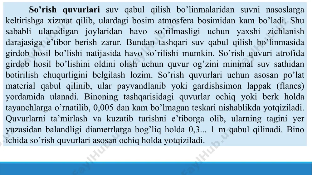 ariga ega bo’lgan nasos stansiyalarida vakuum - nasos yordamida havosini so’rib, suvga to’ldiriladi. ba’zi hollarda o’rtacha va kichik nasos stansiyalarida so’rish quvuri tirsaksimon ko’tarilgan yoki maxsus vakuum idishlar o’rnatilgan nasos qurilmalaridan foydalanib, so’rish tarmog’idagi havoni chiqarib tashlash mumkin. bosimli kommunikasiyalar nasoslardan suvni tashqi bosimli quvurlarga uzatib beruvchi, teskari qopqoq, qulfak va suv sarf o’lchagichi bilan jihozlangan stansiyaning ichki bosimli quvur tarmoqlari bosimli kommunikasiyalar deyiladi. bosimli quvurlar soni nasos agregatlari soniga teng yoki ulardan kam bo’lishi mumkin. bosimli kommunikasiyalar ta’siri ko’p jihatdan nasos stansiyadan qanday maqsadlarda foydalanilishiga bog’liq. suv ta’minoti tizimi nasos stansiyalarida bosimli quvurlar soni odatda nasoslar sonidan kam qabul qilinadi. shuning uchun yig’uvchi kollektor qurishga ehtiyoj tug’iladi. kollektor va bosimli tarmoqqa qulfaklarni o’rnatilishi har qanday nasosni, tashqi bosimli quvurni, teskari qopqoqni va qulfakni xo’jalik - ichimlik suvini to’xtovsiz uzatilishini ta’minlagan holda ta’mirlash imkoniyatini berishi zarur. quvurlardagi uskuna va jihozlar quvurlarga o’rnatilgan uskuna va jihozlar adabiyotlarda quvur armaturalari deb nomlanadi. …