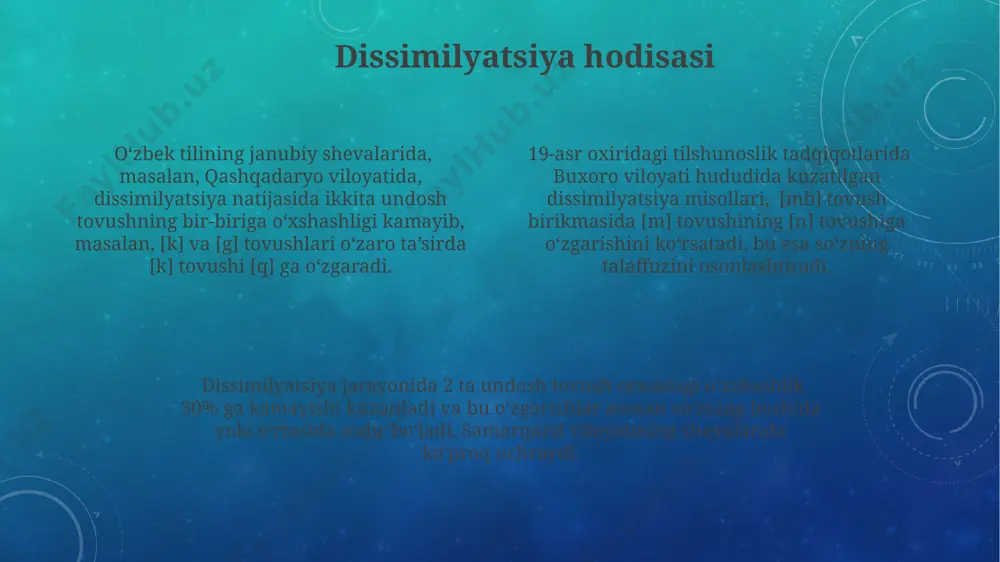 shevasida aniqroq kuzatiladi, taxminan 10 ga yaqin bunday misol keltirish mumkin. protez va epenteza protez va epenteza hodisalari, asosan, soʻzning fonetik tuzilishiga, ya’ni undosh tovushlarning bir-biriga yaqin joylashuviga bogʻliq boʻlib, buxoro viloyati shevalarida bu hodisalar kamroq uchraydi. oʻzbek tilida protedza hodisasi, masalan, “qalam” soʻzi samarqand shevasida “qalam” deb talaffuz qilinib, unli tovush qoʻshilishi bilan 3 ta undosh tovush orasiga [ə] tovushi kiritilishi orqali kuzatiladi. epenteza hodisasi esa, toshkent shevasida “bolalar” soʻzi “bolalər” shaklida talaffuz qilinishi orqali namoyon boʻlib, 2 ta undosh tovush orasiga [ə] tovushi qoʻshilishi bilan ifodalanadi. bu 50 dan ortiq soʻzlarda uchraydi. fonetika va fonologiya munosabati fonotaktik qoidalar, yaʼni tovushlarning birlashishi va ketma-ketligi, oʻzbek tilida 2-3 ta hecadan iborat soʻzlarning ustunligini aniqlaydi. stressning oʻrni va uning soʻzning maʼnosiga taʼsiri, masalan, birinchi hecada yoki oxirgi hecada boʻlishi, oʻzbek fonologiyasining muhim jihati hisoblanadi. oʻzbek fonetikasida taxminan 30 ga yaqin fonema mavjud boʻlib, ularning fonologik funksiyasi samarqand va buxoro shevalarida baʼzi …